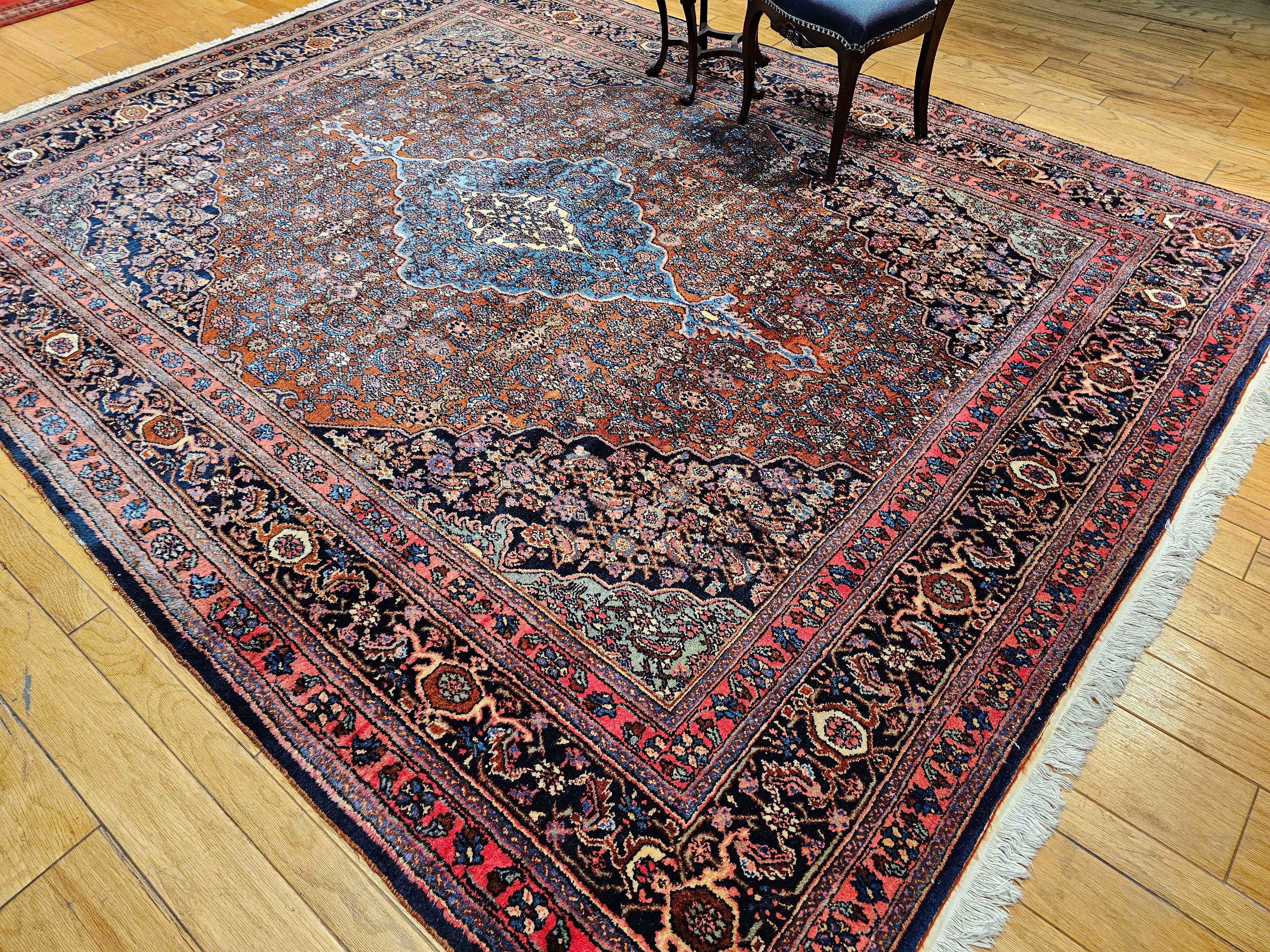 Early 1900s Persian Bibikabad in Herati Pattern in Rust Red, French Blue, Green For Sale 10