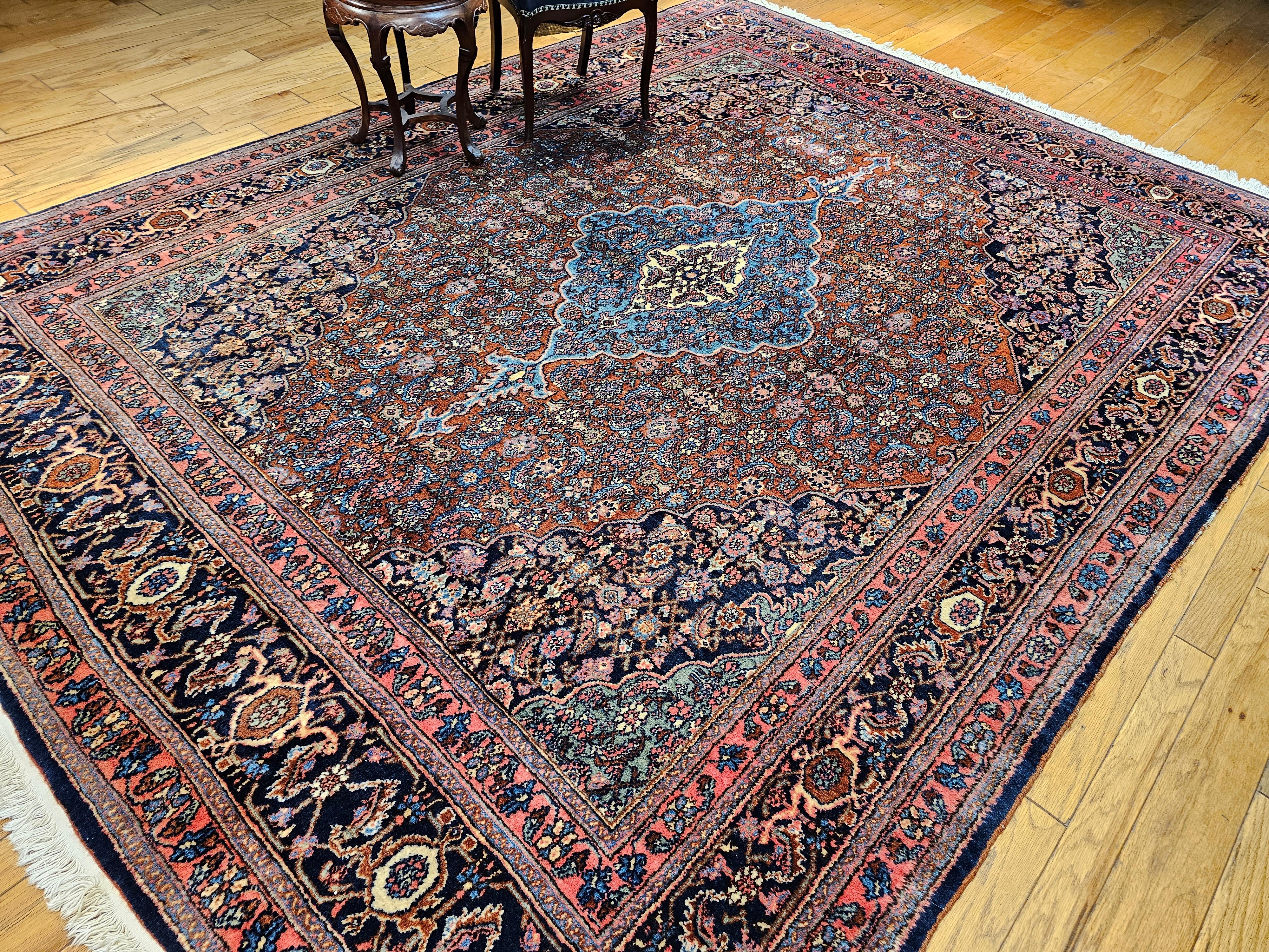 Early 1900s Persian Bibikabad in Herati Pattern in Rust Red, French Blue, Green For Sale 11