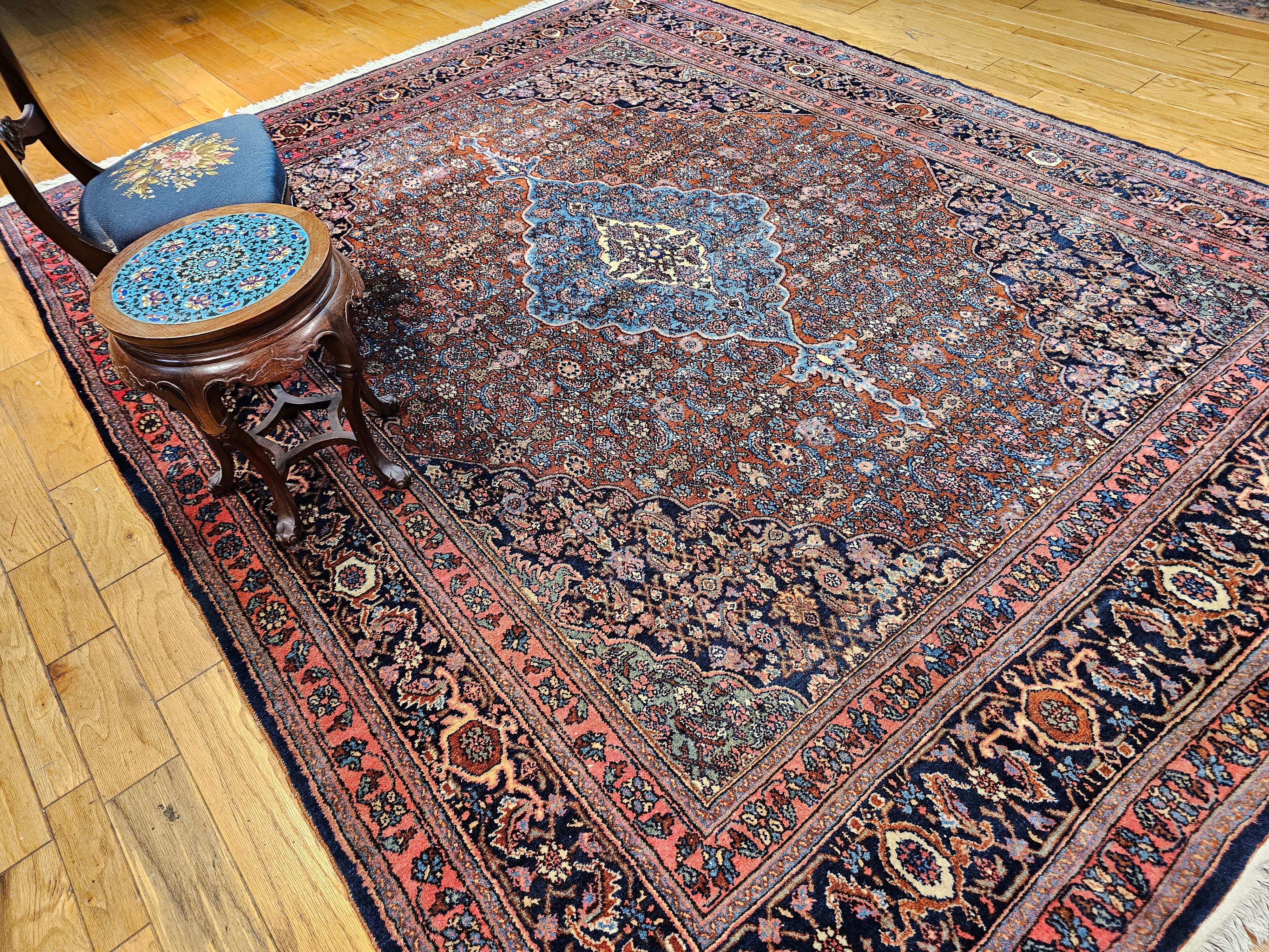 Early 1900s Persian Bibikabad in Herati Pattern in Rust Red, French Blue, Green For Sale 12