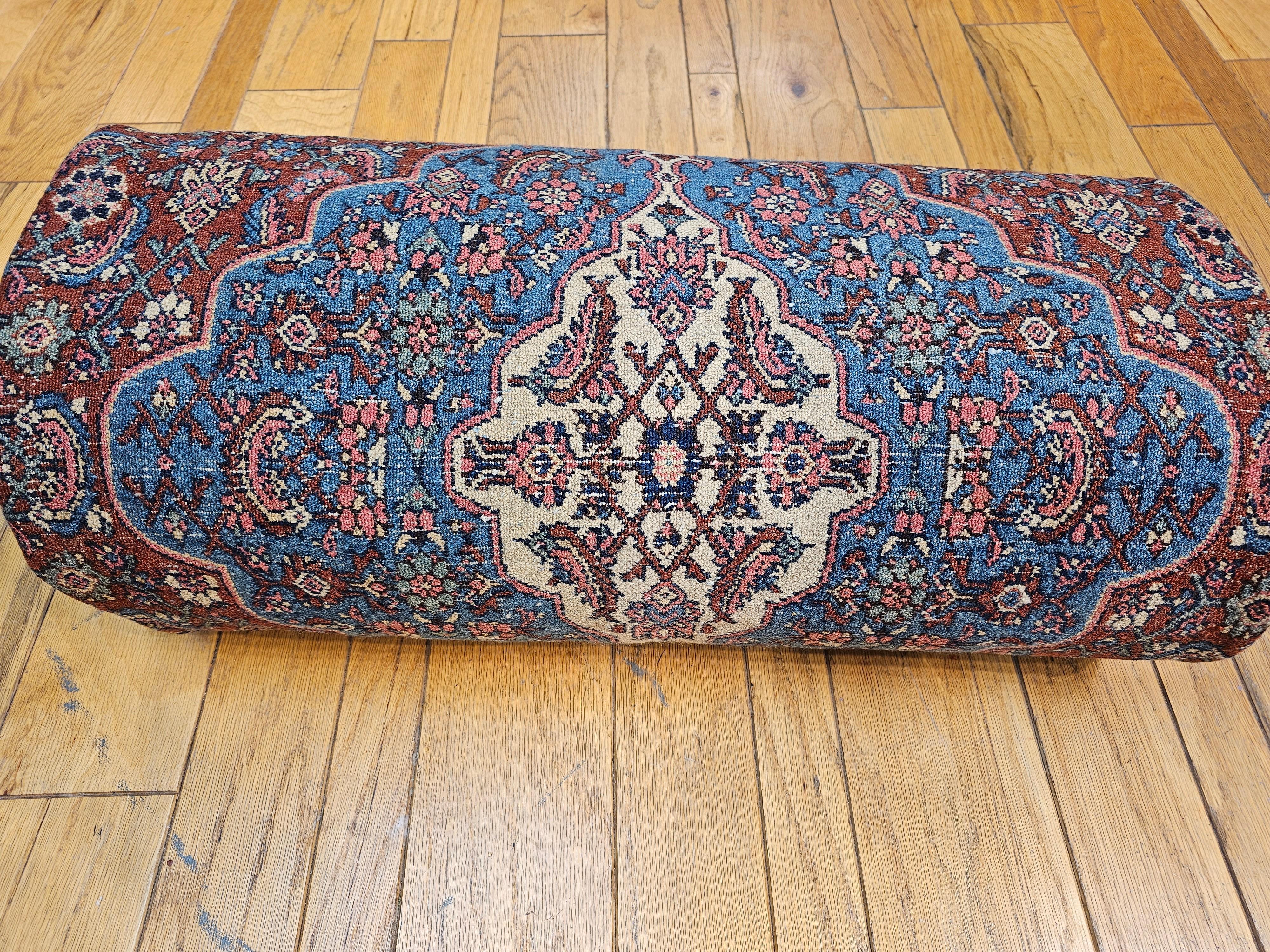 Early 1900s Persian Bibikabad in Herati Pattern in Rust Red, French Blue, Green For Sale 14
