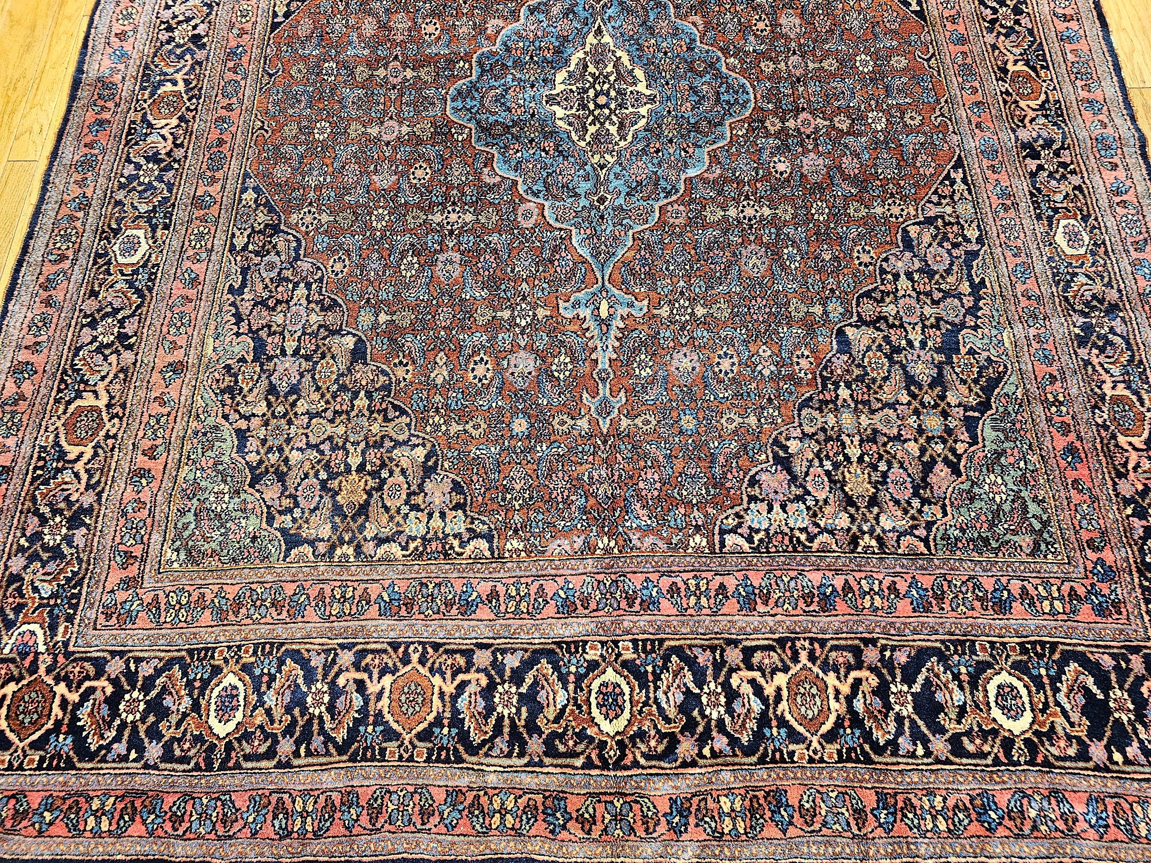 Wool Early 1900s Persian Bibikabad in Herati Pattern in Rust Red, French Blue, Green For Sale