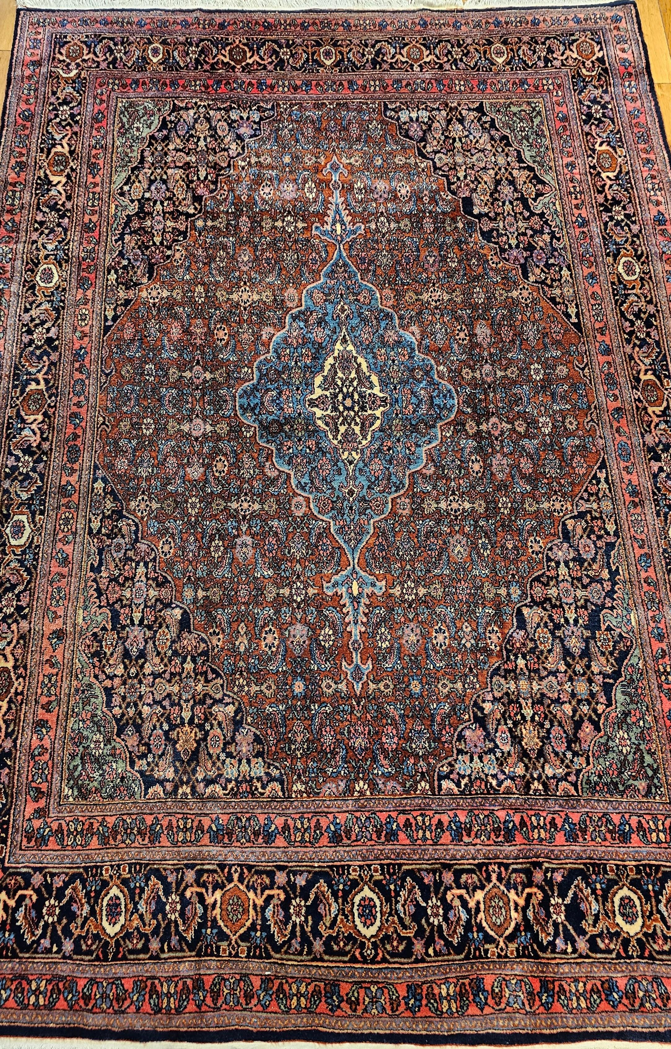 Hand-Woven Early 1900s Persian Bibikabad in Herati Pattern in Rust Red, French Blue, Green For Sale