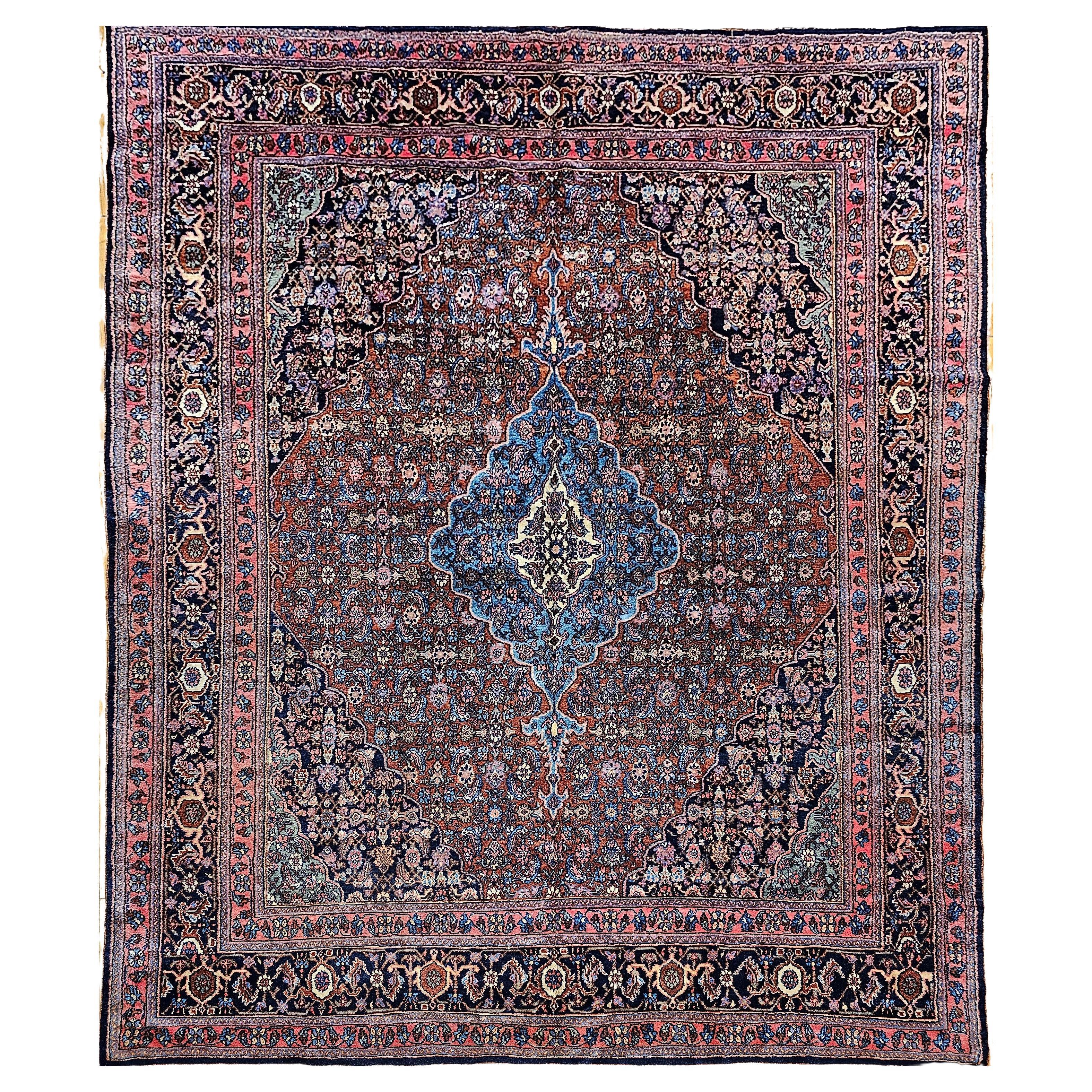 Early 1900s Persian Bibikabad in Herati Pattern in Rust Red, French Blue, Green For Sale