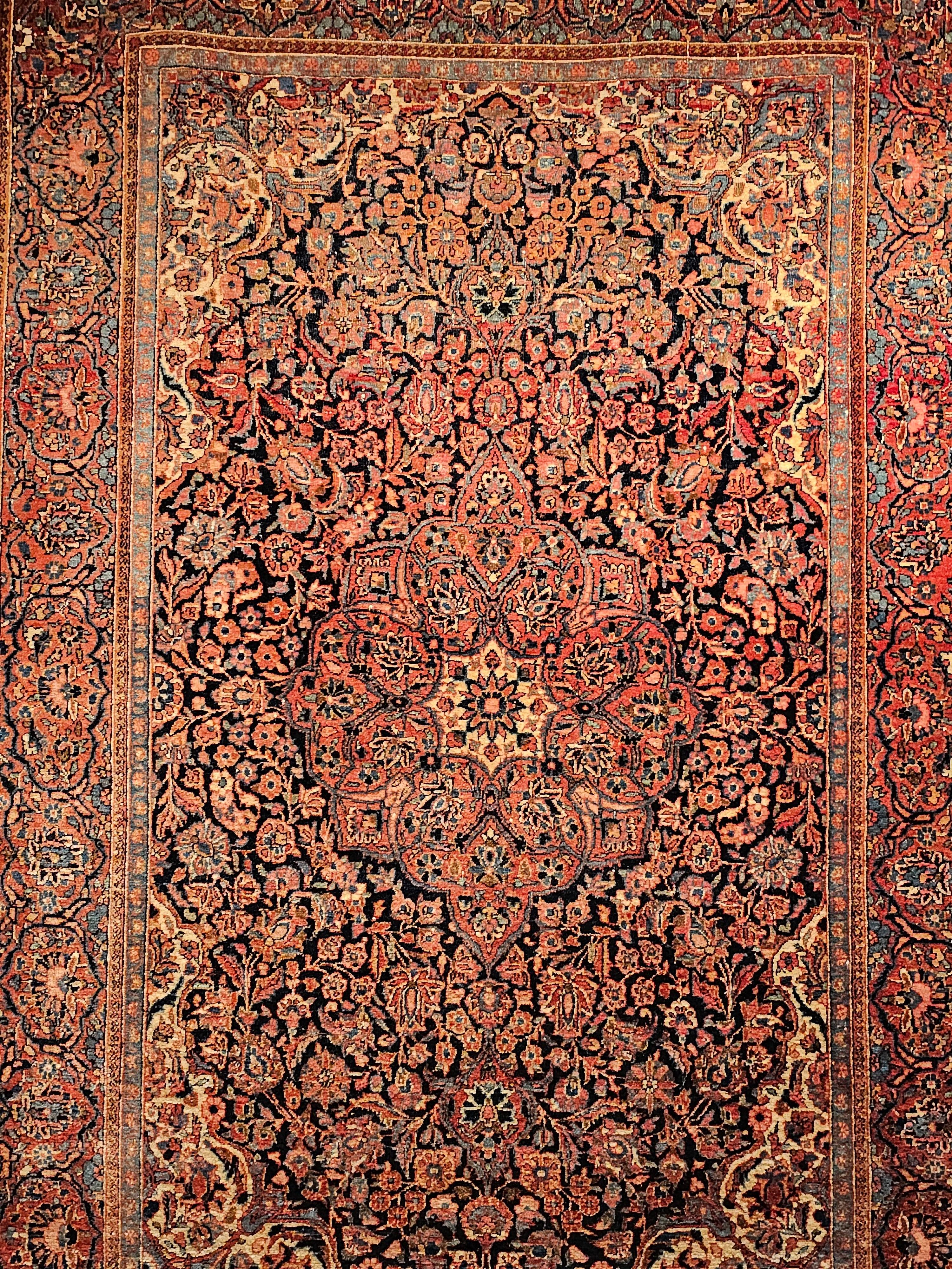 Hand-Woven Early 1900s Persian Kashan in Floral Pattern in Navy Blue, French Blue, Red For Sale