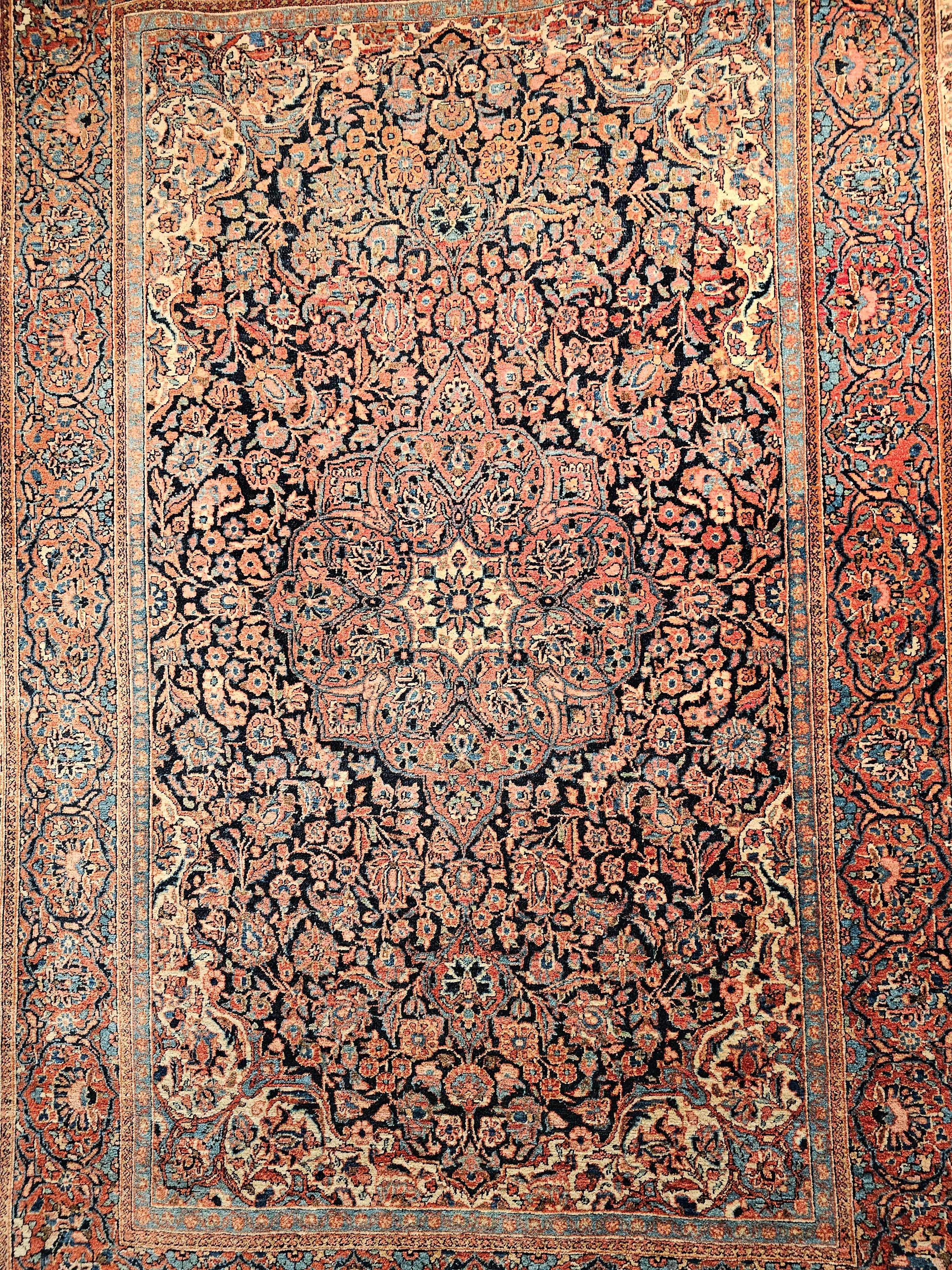 Early 1900s Persian Kashan in Floral Pattern in Navy Blue, French Blue, Red In Good Condition For Sale In Barrington, IL
