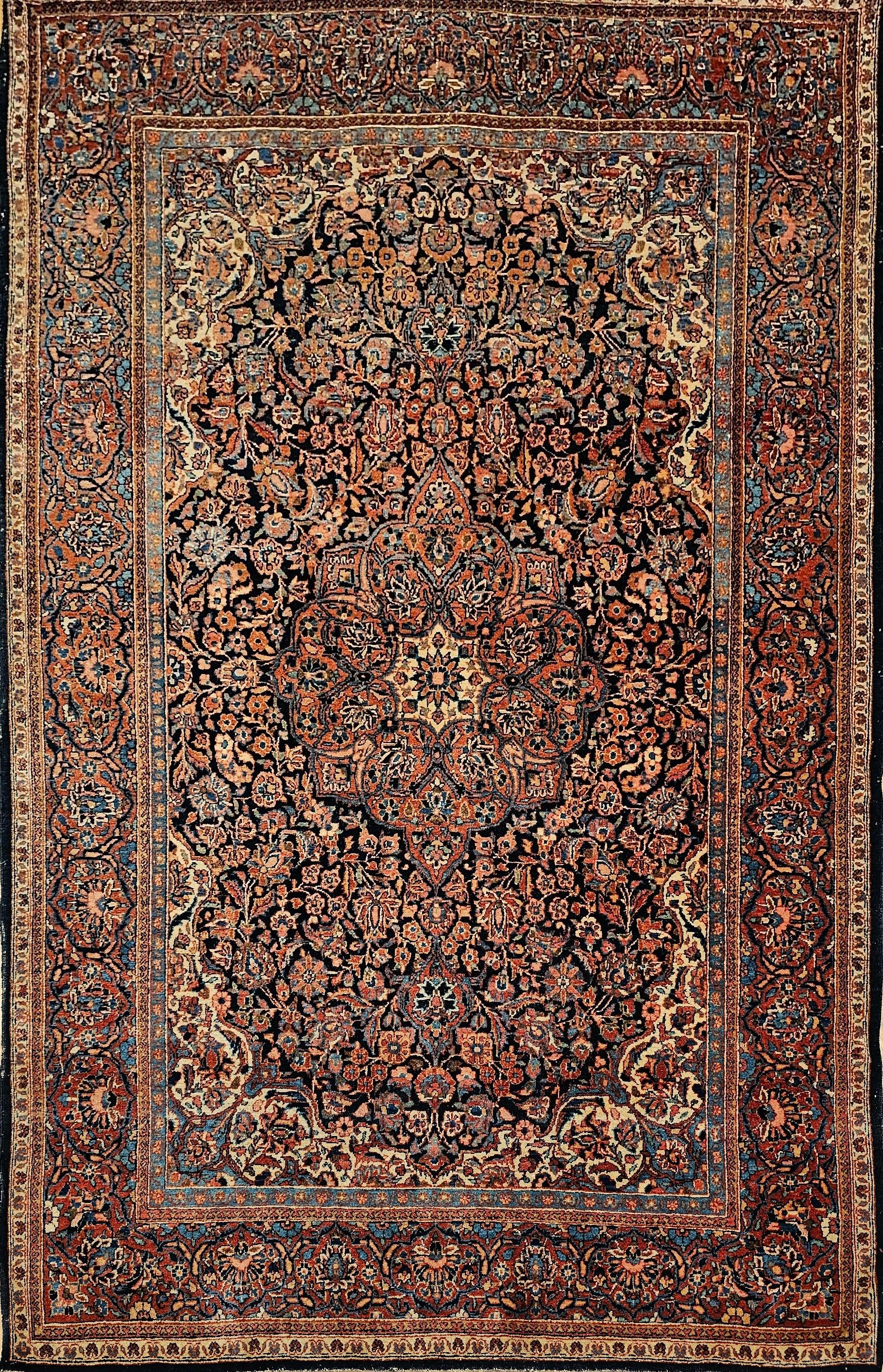 Early 1900s Persian Kashan in Floral Pattern in Navy Blue, French Blue, Red