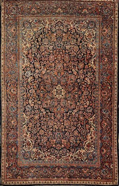 Early 1900s Persian Kashan in Floral Pattern in Navy Blue, French Blue, Red