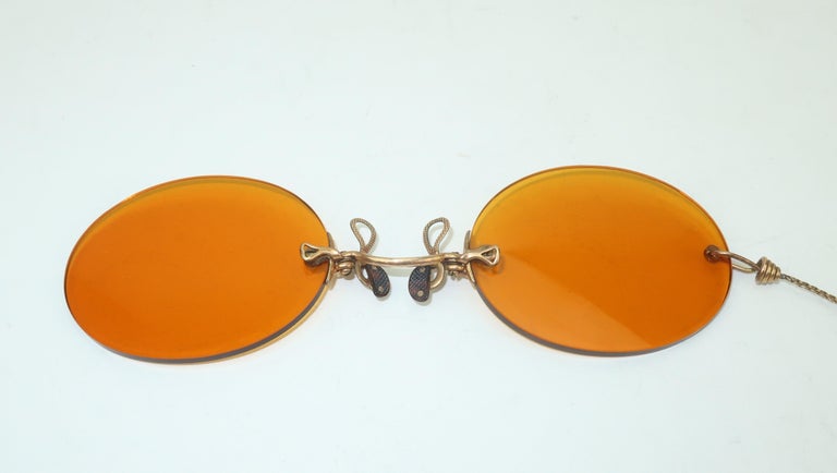 Antique Alpaca Case and Pince Nez Glasses With Orange Lenses 