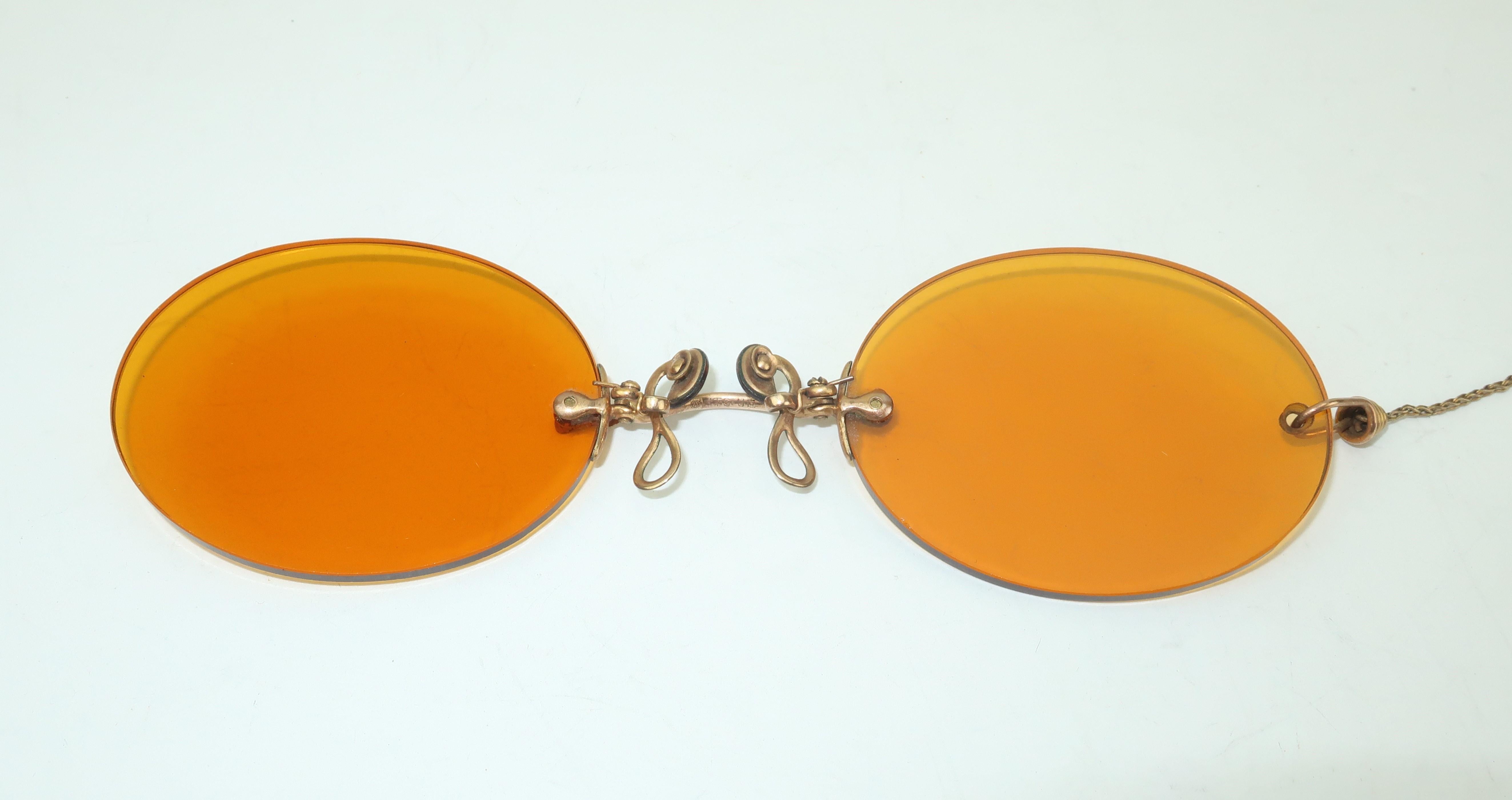 Early 1900's Pince Nez Sunglasses With Art Nouveau Fob Brooch 1