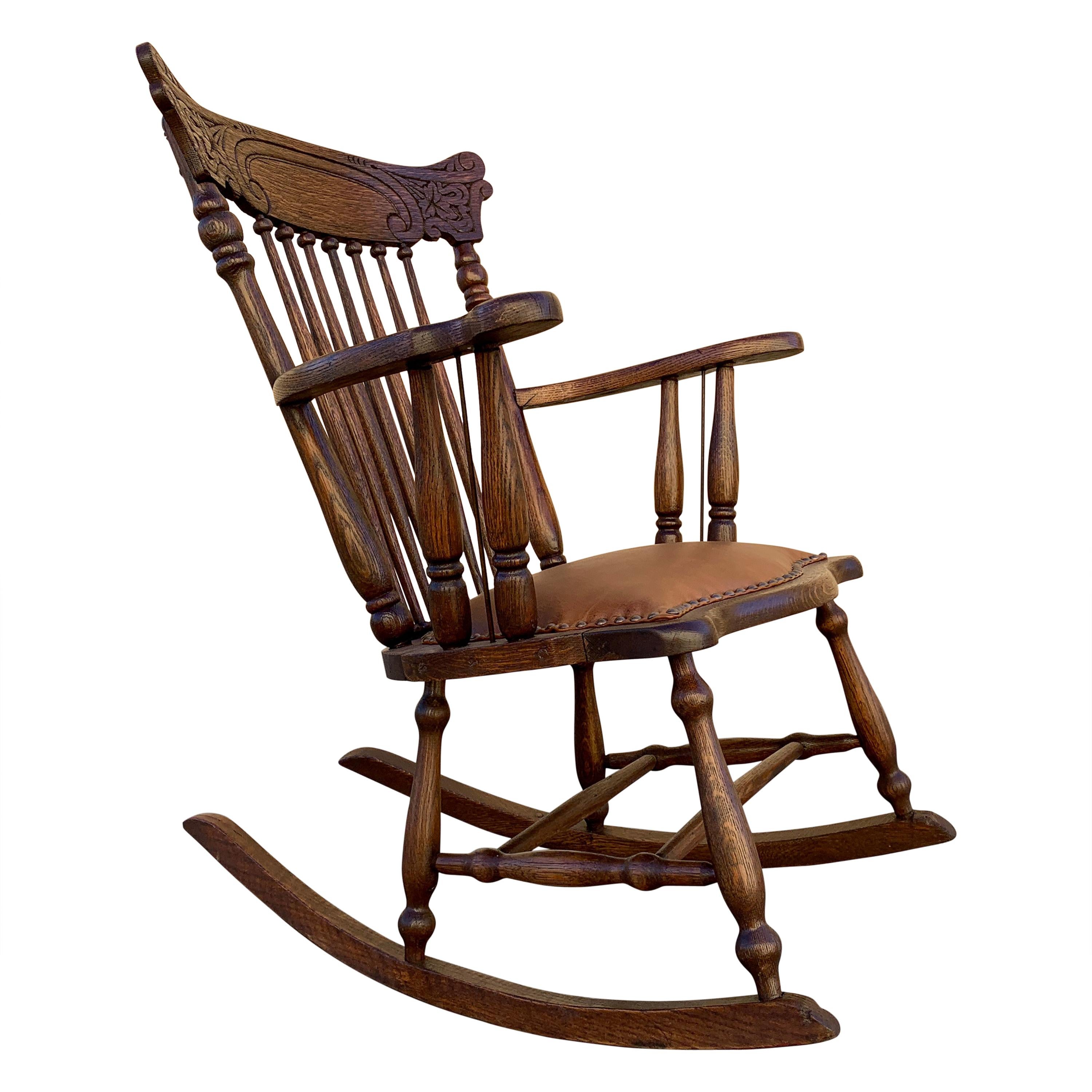 Early 1900s Press Back Rocking Chair with New Leather Seat