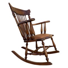 Antique Early 1900s Press Back Rocking Chair with New Leather Seat