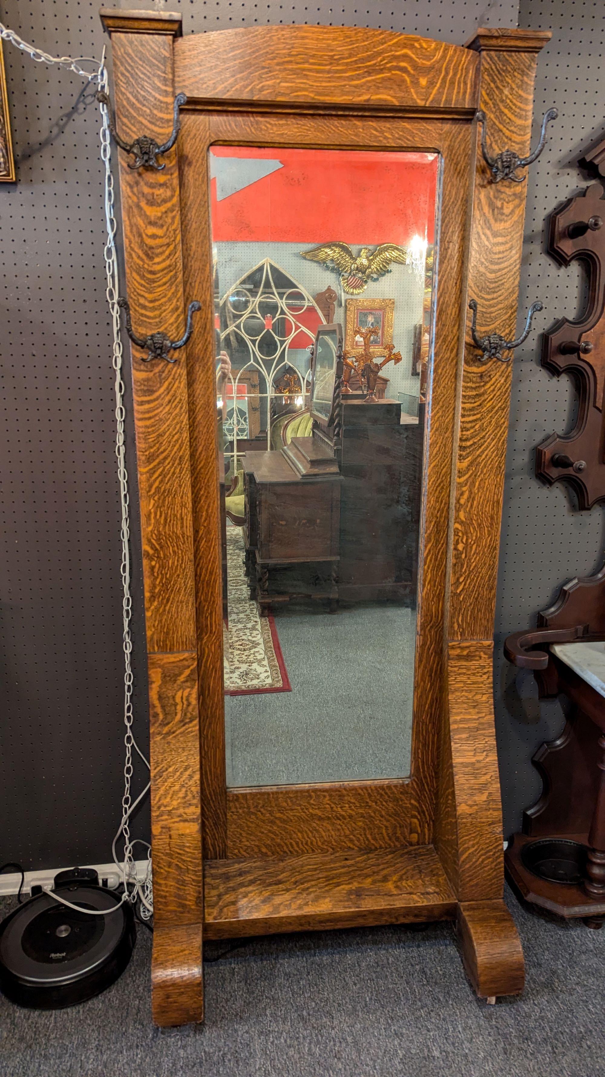 Late Victorian Early 1900s Quarter Sawn Oak Hall Tree Mirror For Sale