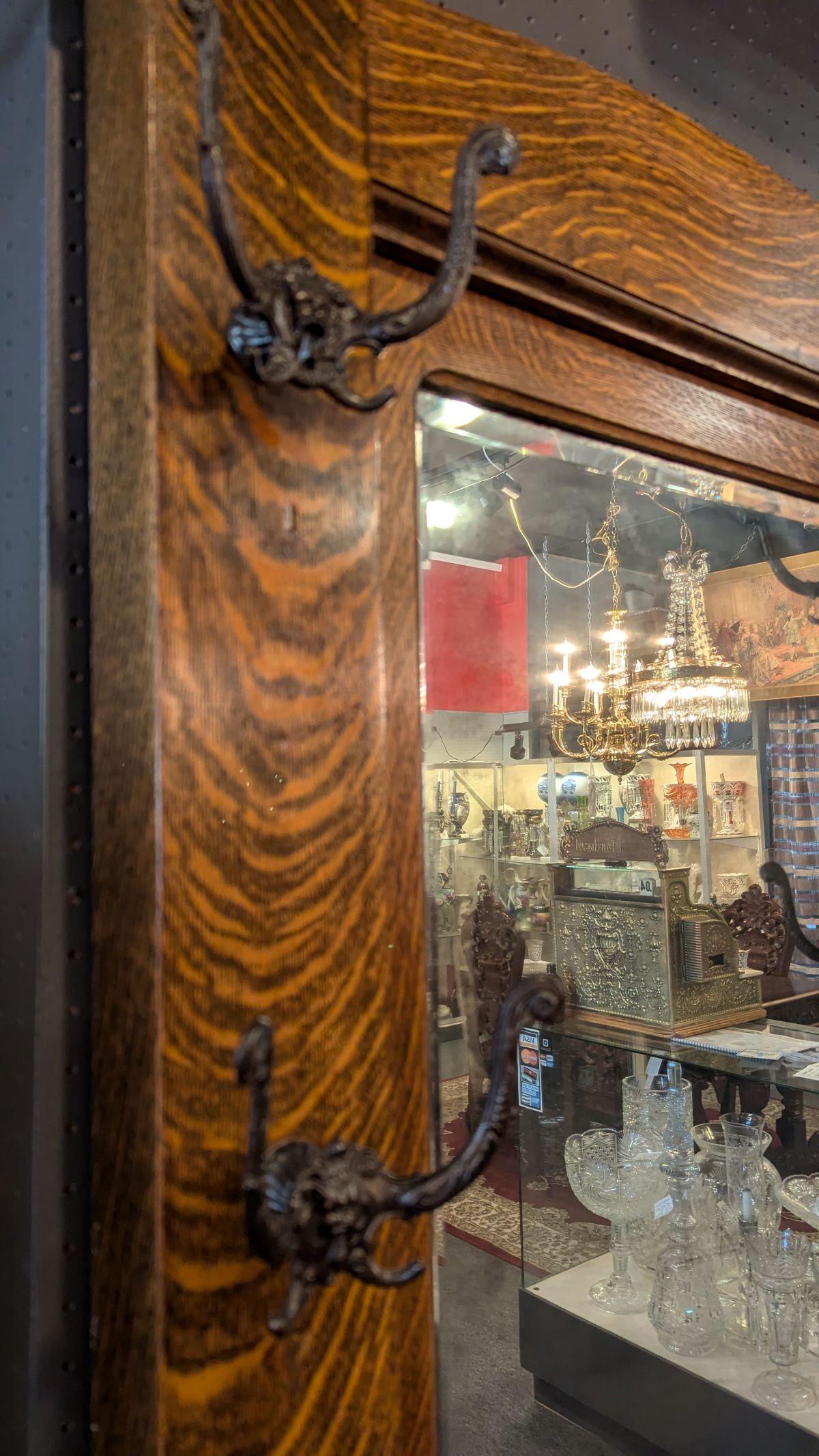 Early 1900s Quarter Sawn Oak Hall Tree Mirror For Sale 2