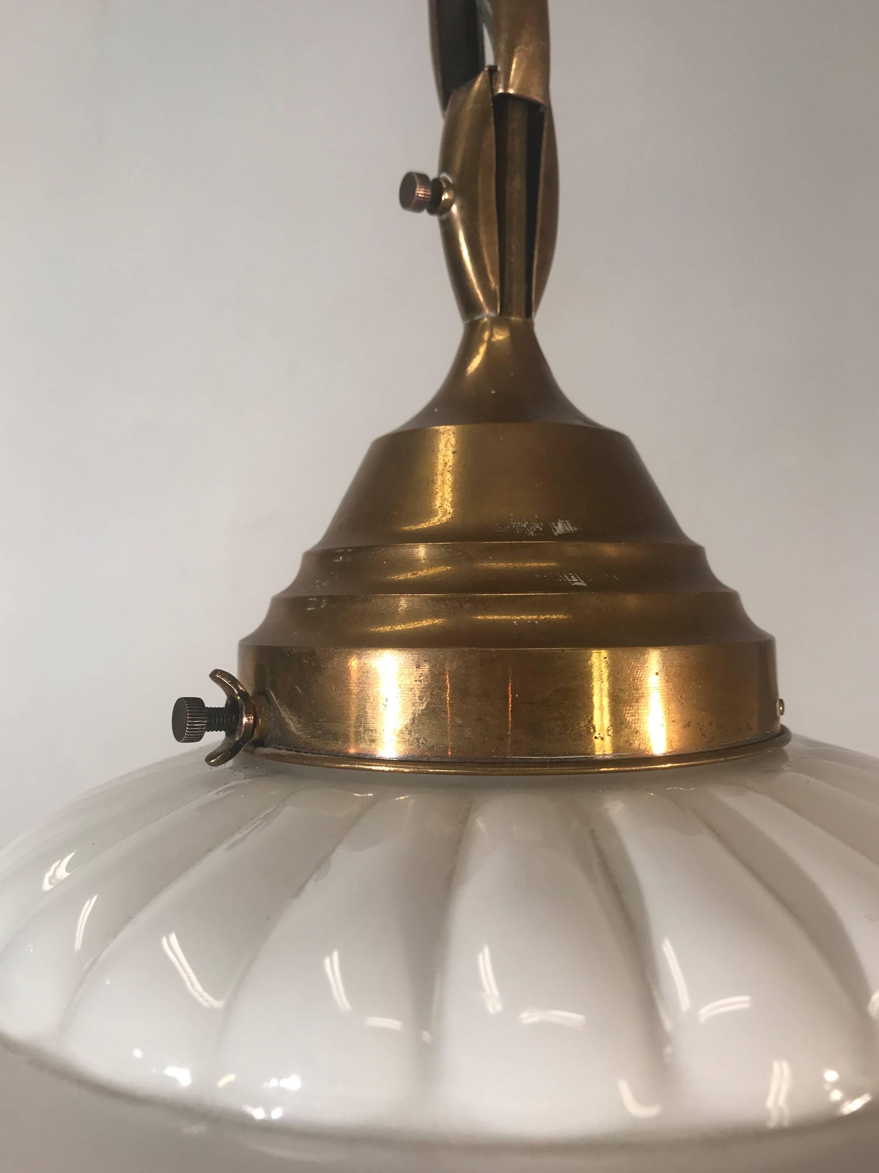 Early 1900s Rare Art Deco Pendant / Light Fixture with Glass Shade & Brass Chain 3