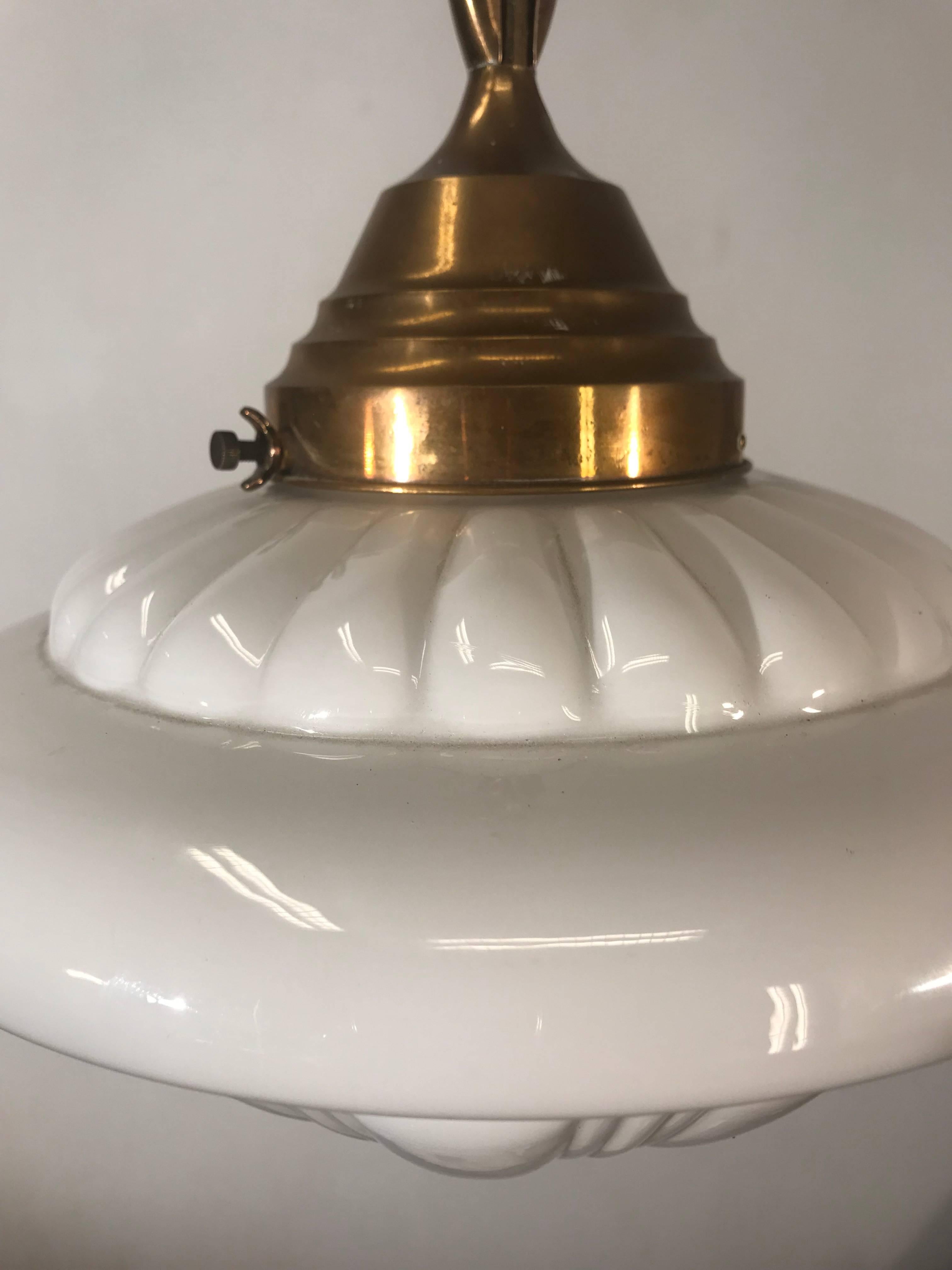 Early 1900s Rare Art Deco Pendant / Light Fixture with Glass Shade & Brass Chain 4