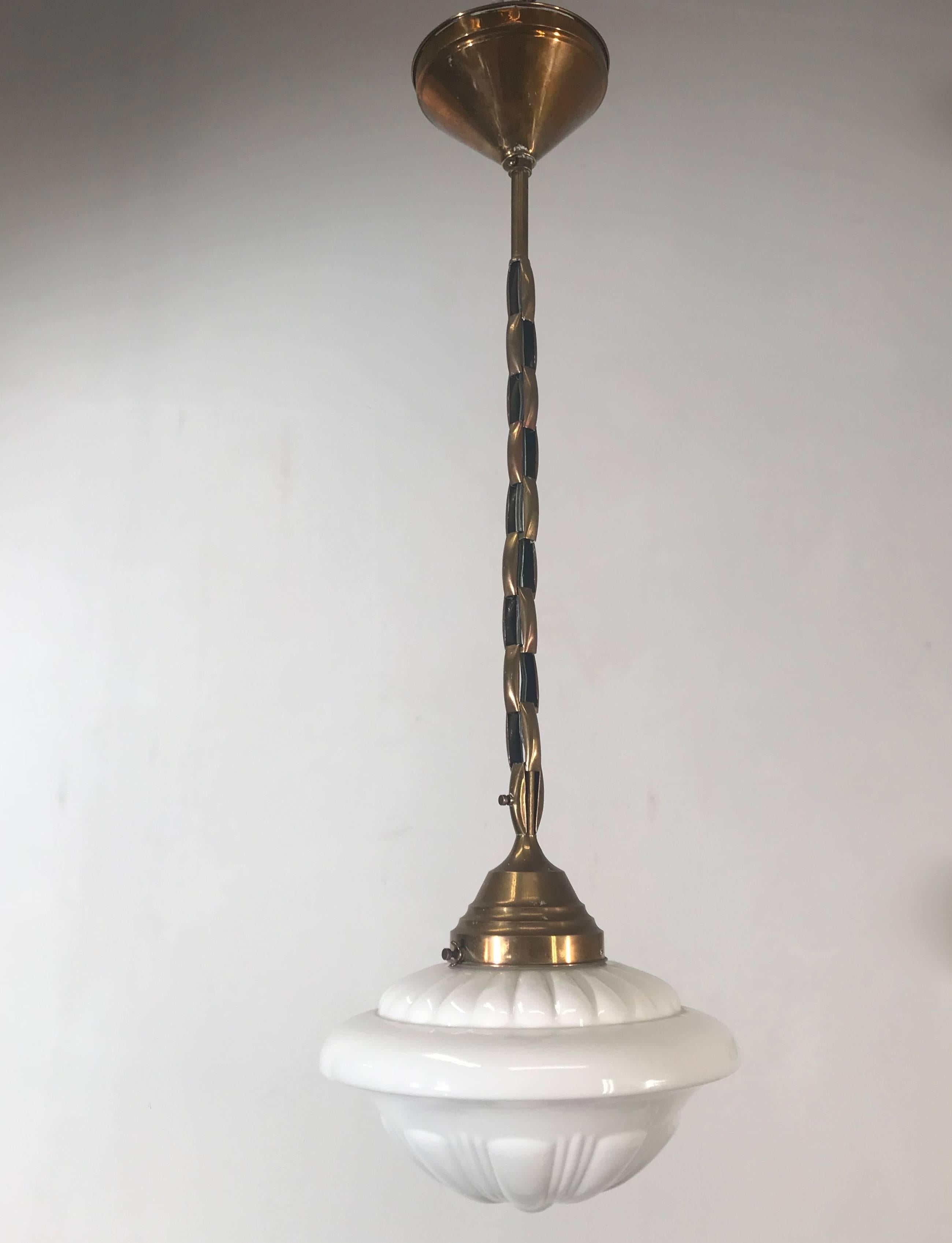 Early 1900s Rare Art Deco Pendant / Light Fixture with Glass Shade & Brass Chain 5