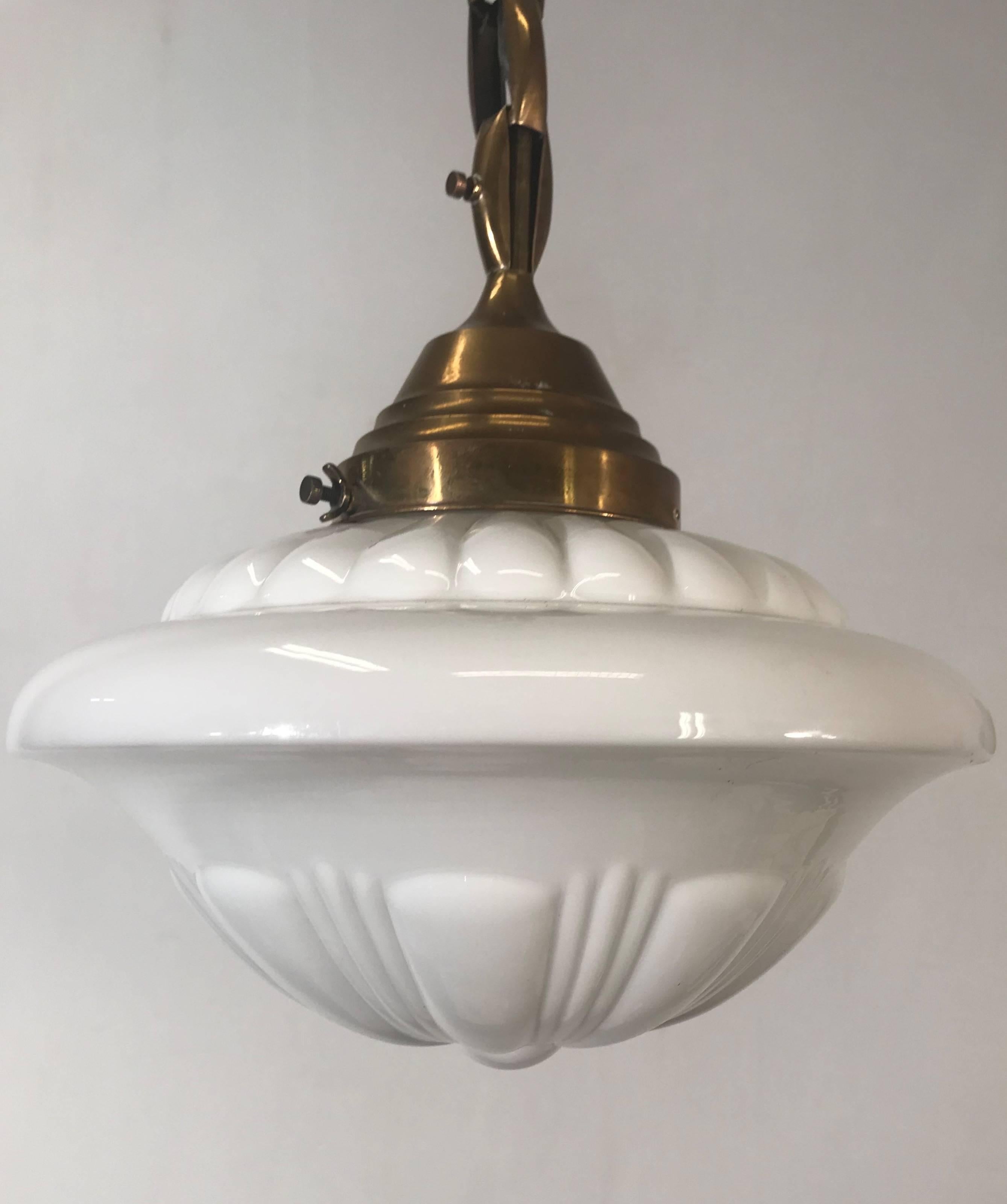 Early 1900s Rare Art Deco Pendant / Light Fixture with Glass Shade & Brass Chain 6