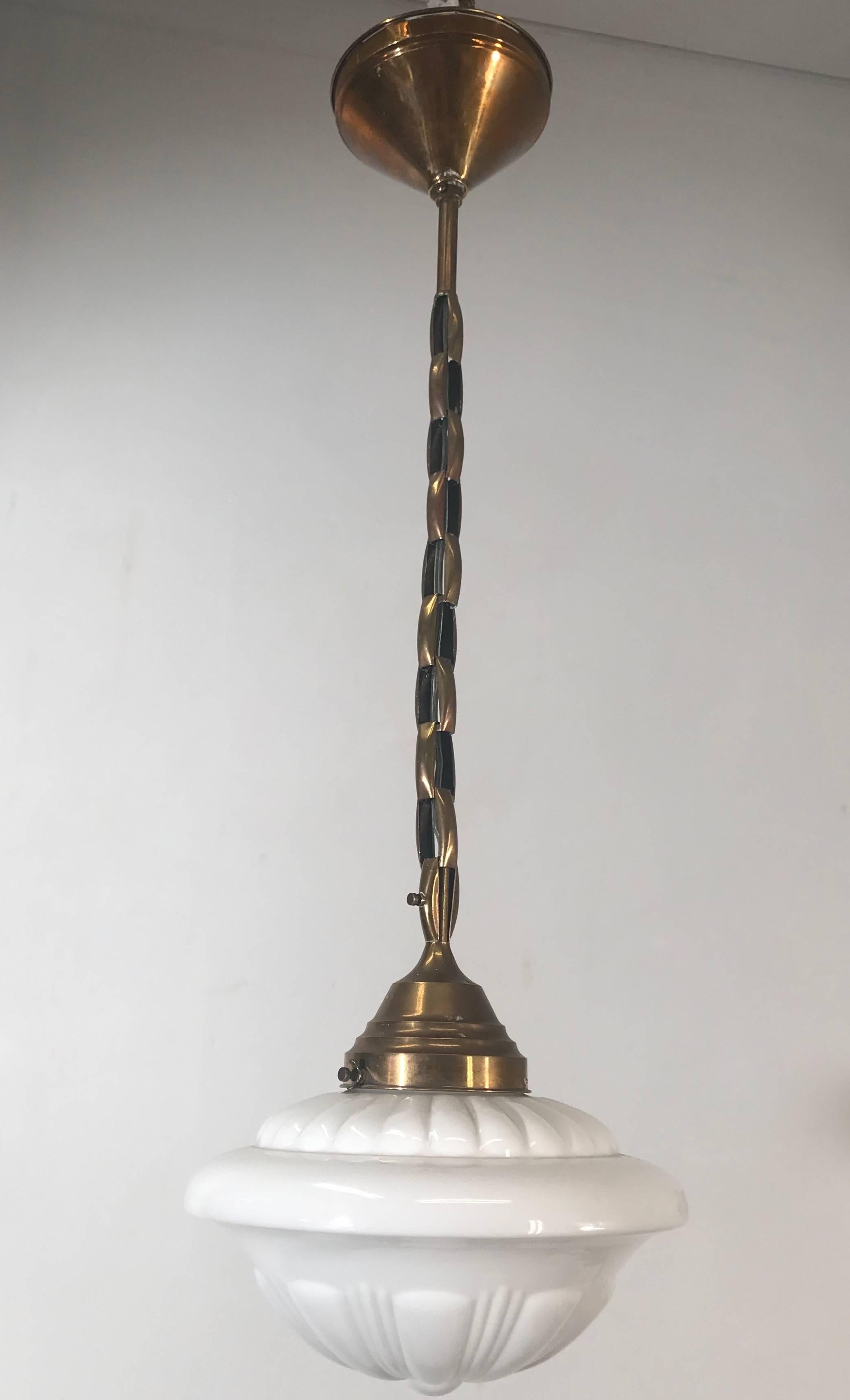 Early 1900s Rare Art Deco Pendant / Light Fixture with Glass Shade & Brass Chain 7