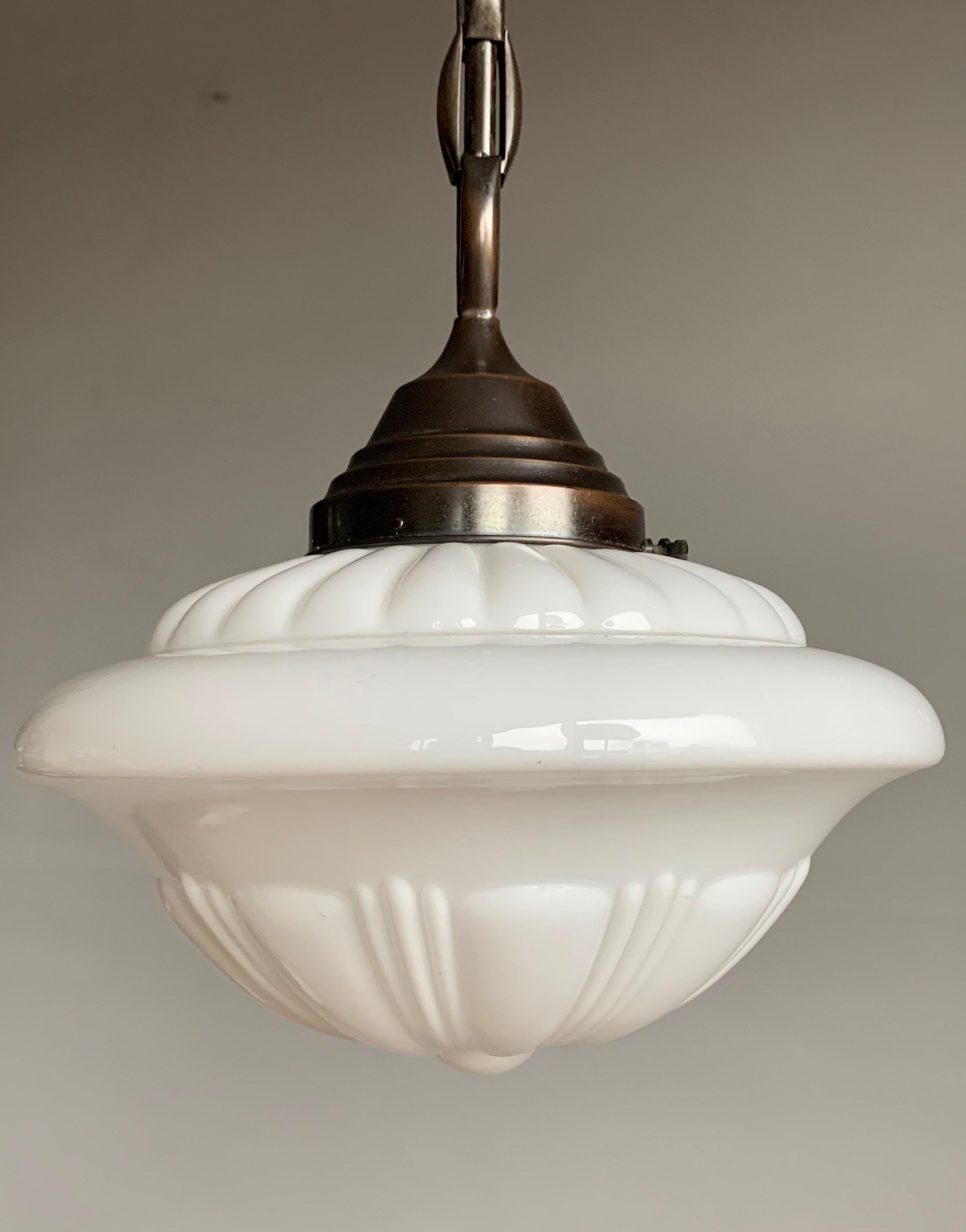 Hand-Crafted Early 1900s Rare Art Deco Pendant / Light with Opaline Glass Shade & Brass Chain