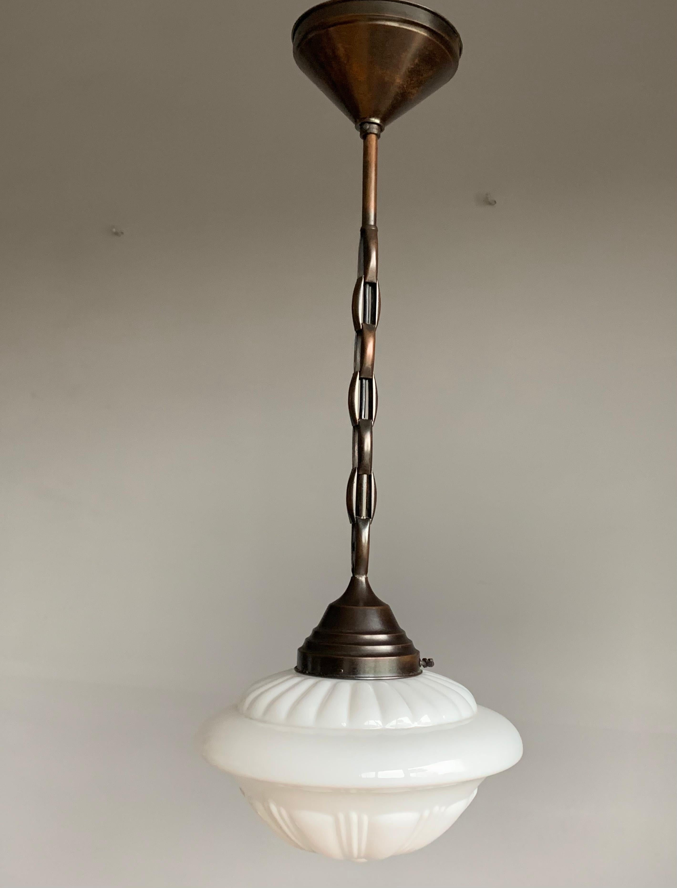 Early 1900s Rare Art Deco Pendant / Light with Opaline Glass Shade & Brass Chain In Excellent Condition In Lisse, NL