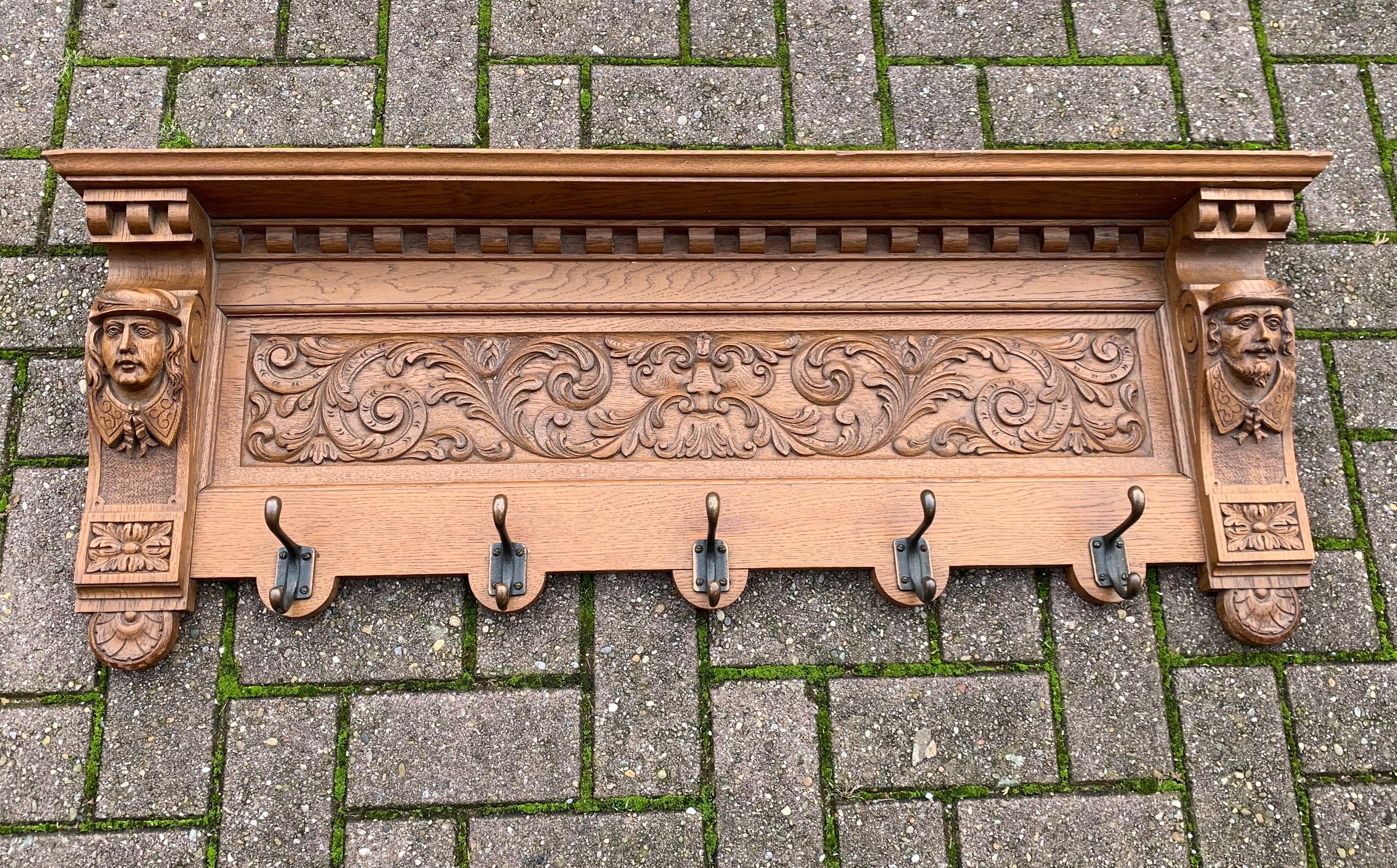 Early 1900s Renaissance Revival Wall Coat Rack with Masks & Green Man Sculpture 4