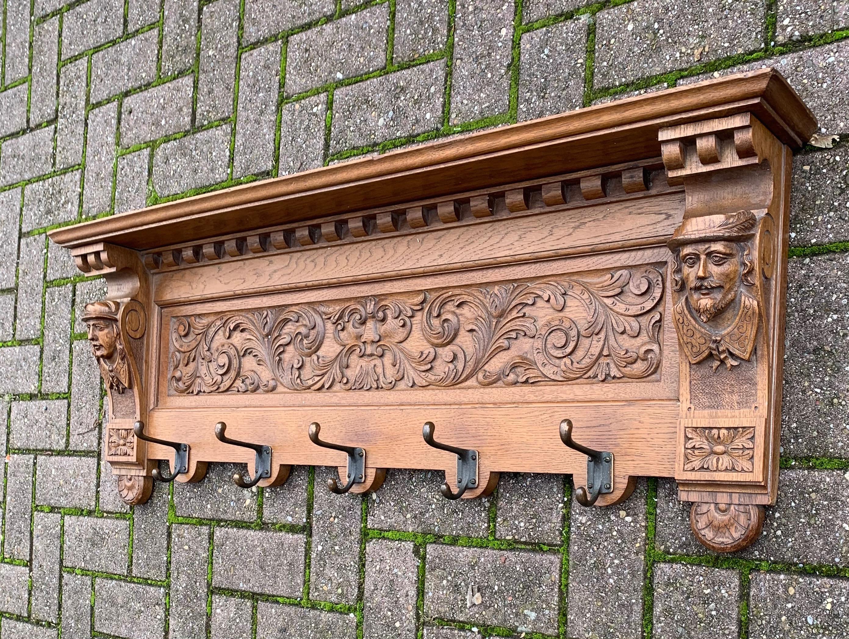 Early 1900s Renaissance Revival Wall Coat Rack with Masks & Green Man Sculpture 1