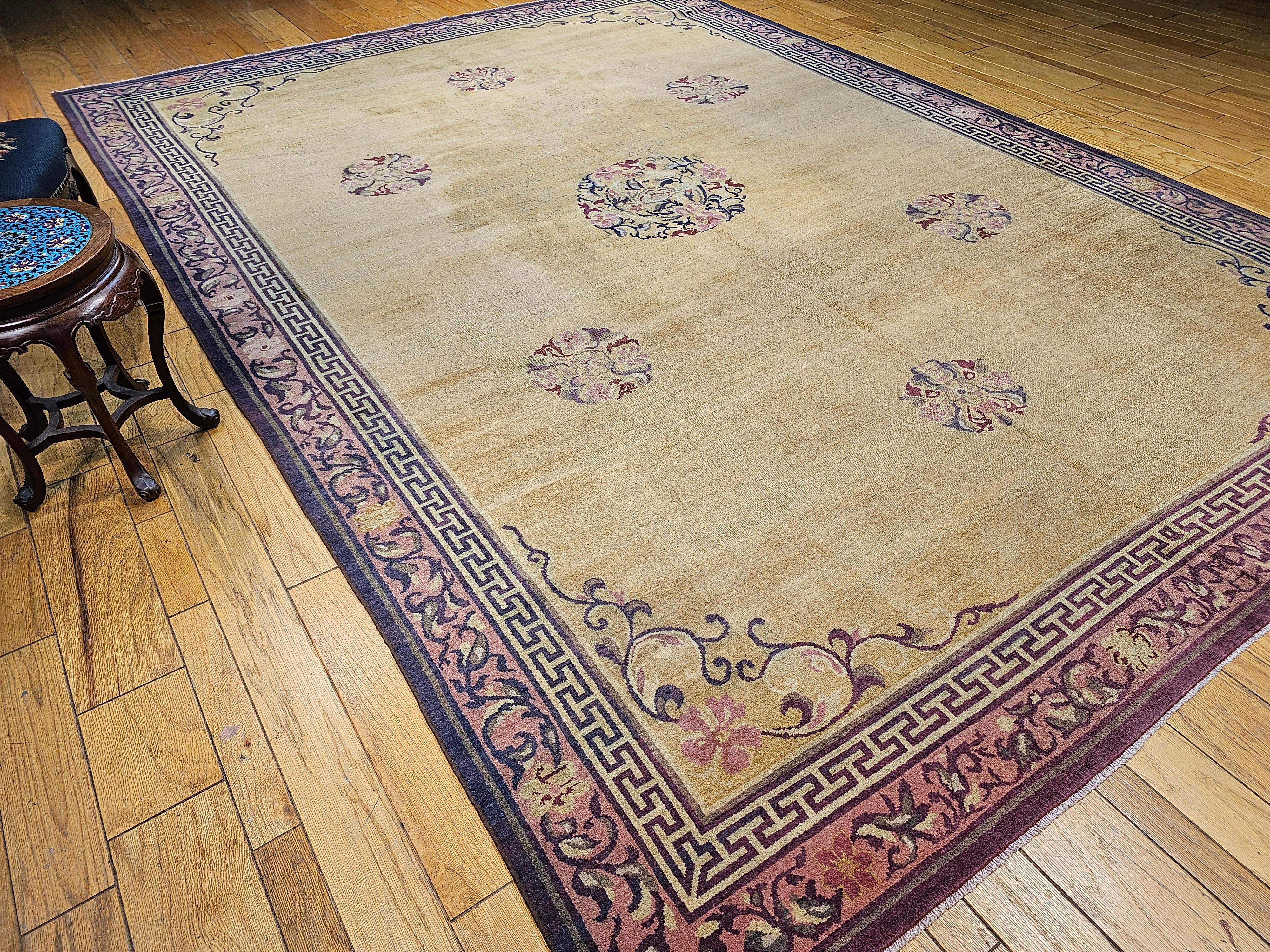 Early 1900s Room Size Indian Agra in Wheat, Burgundy, Olive Green, Brown, Pink For Sale 8