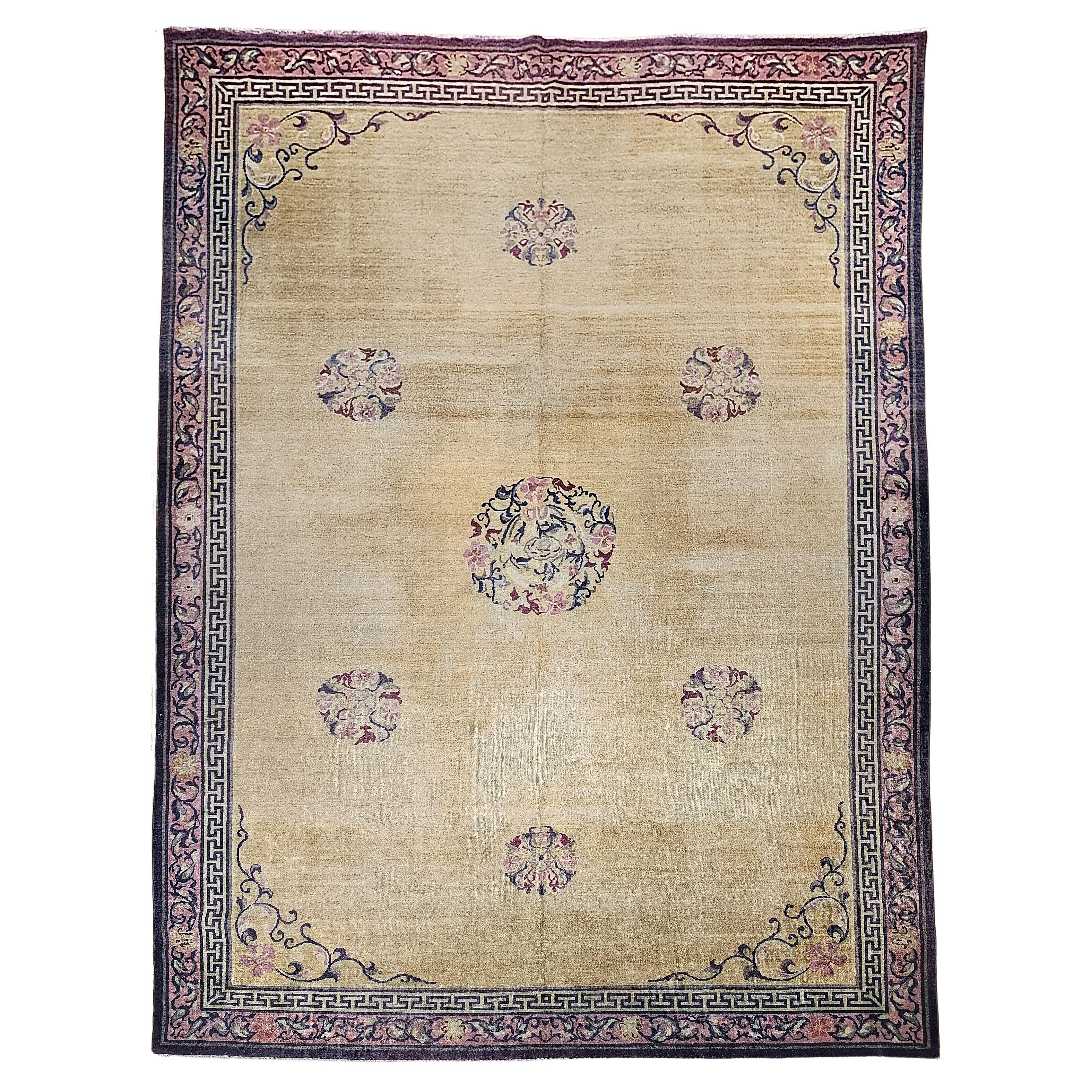 Early 1900s Room Size Indian Agra in Wheat, Burgundy, Olive Green, Brown, Pink For Sale