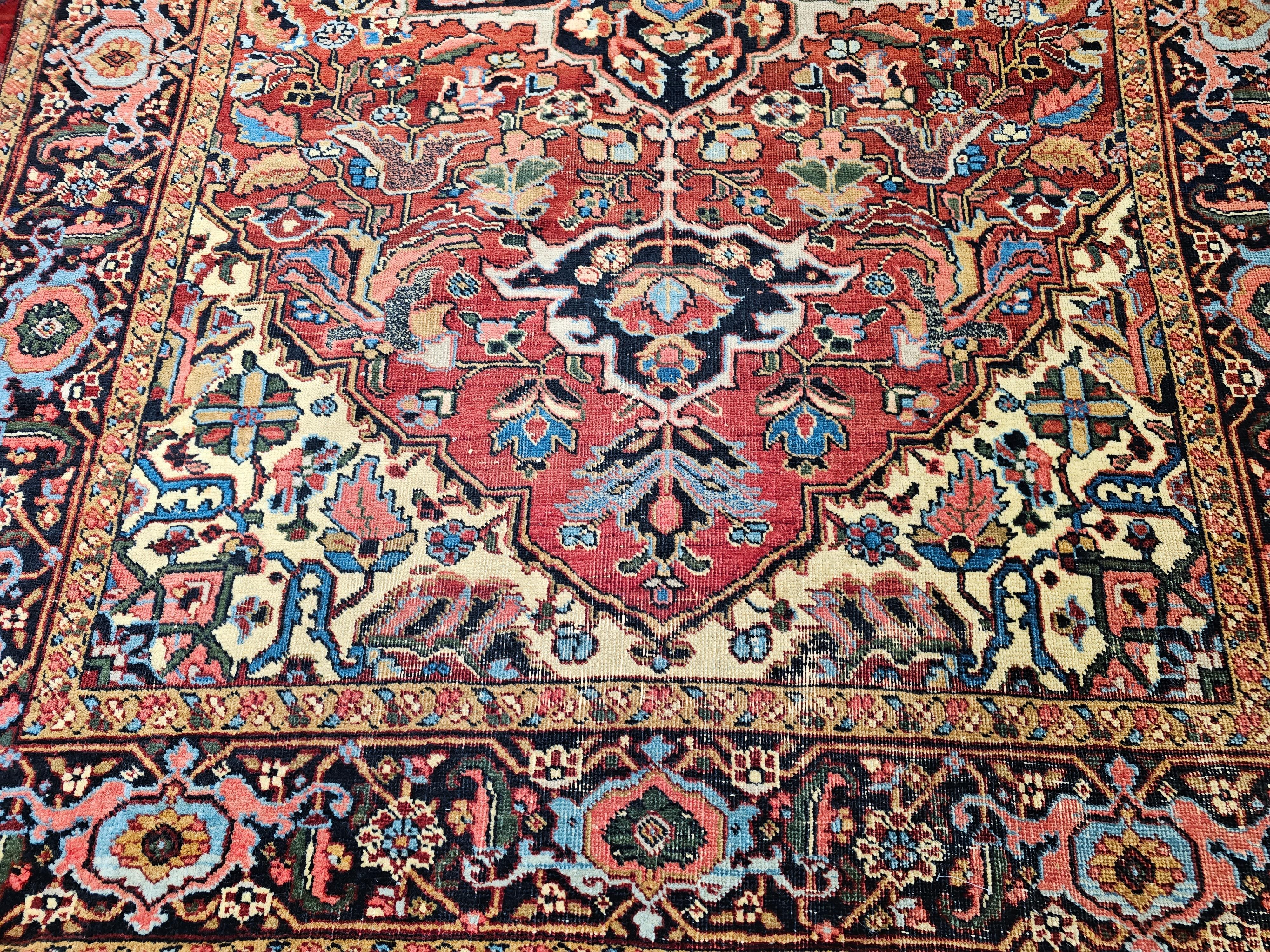 Early 1900s Room Size Persian Heriz in Yellow, Pink, Baby Blue and Green Colors For Sale 4