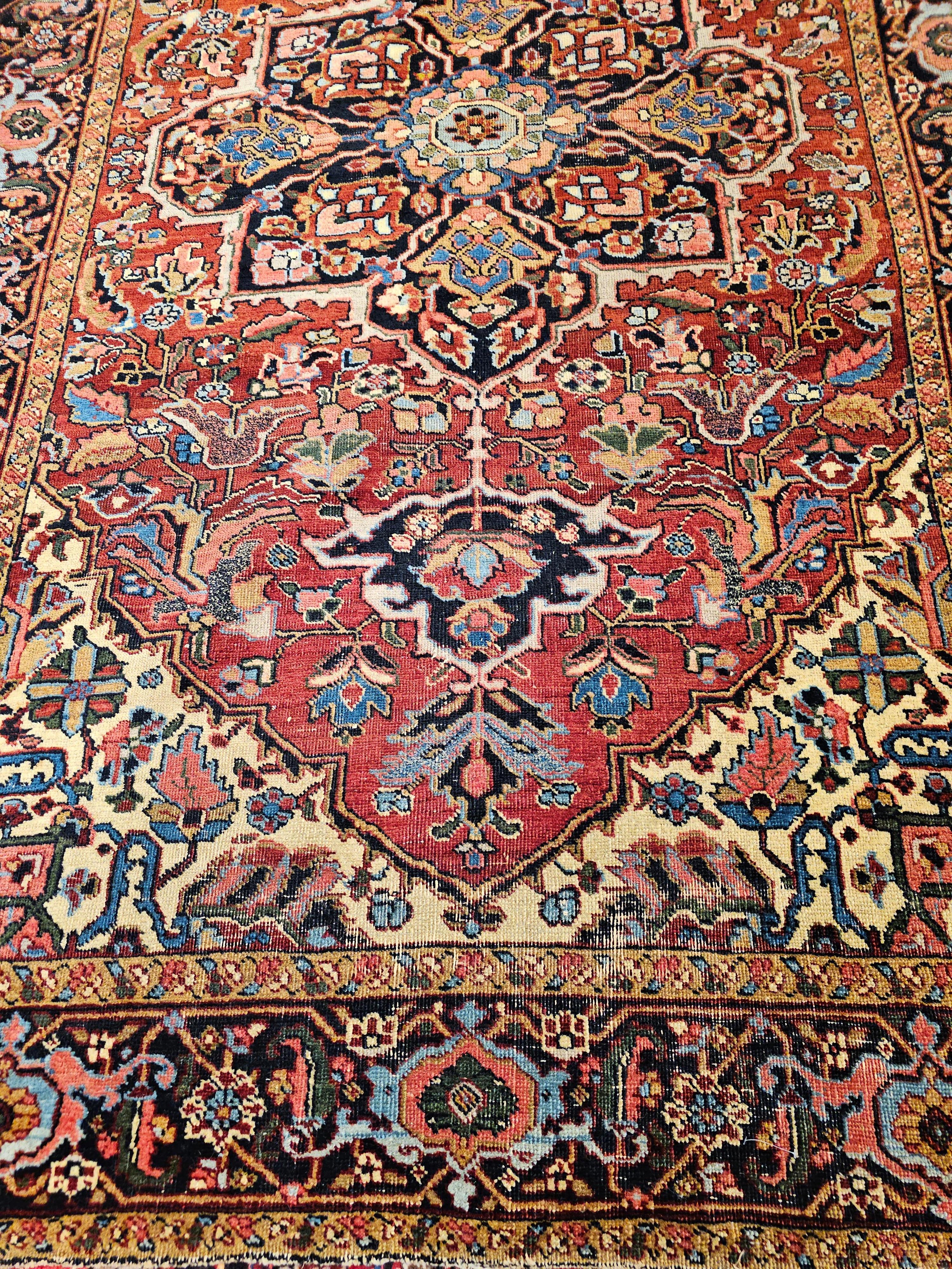 Early 1900s Room Size Persian Heriz in Yellow, Pink, Baby Blue and Green Colors For Sale 5