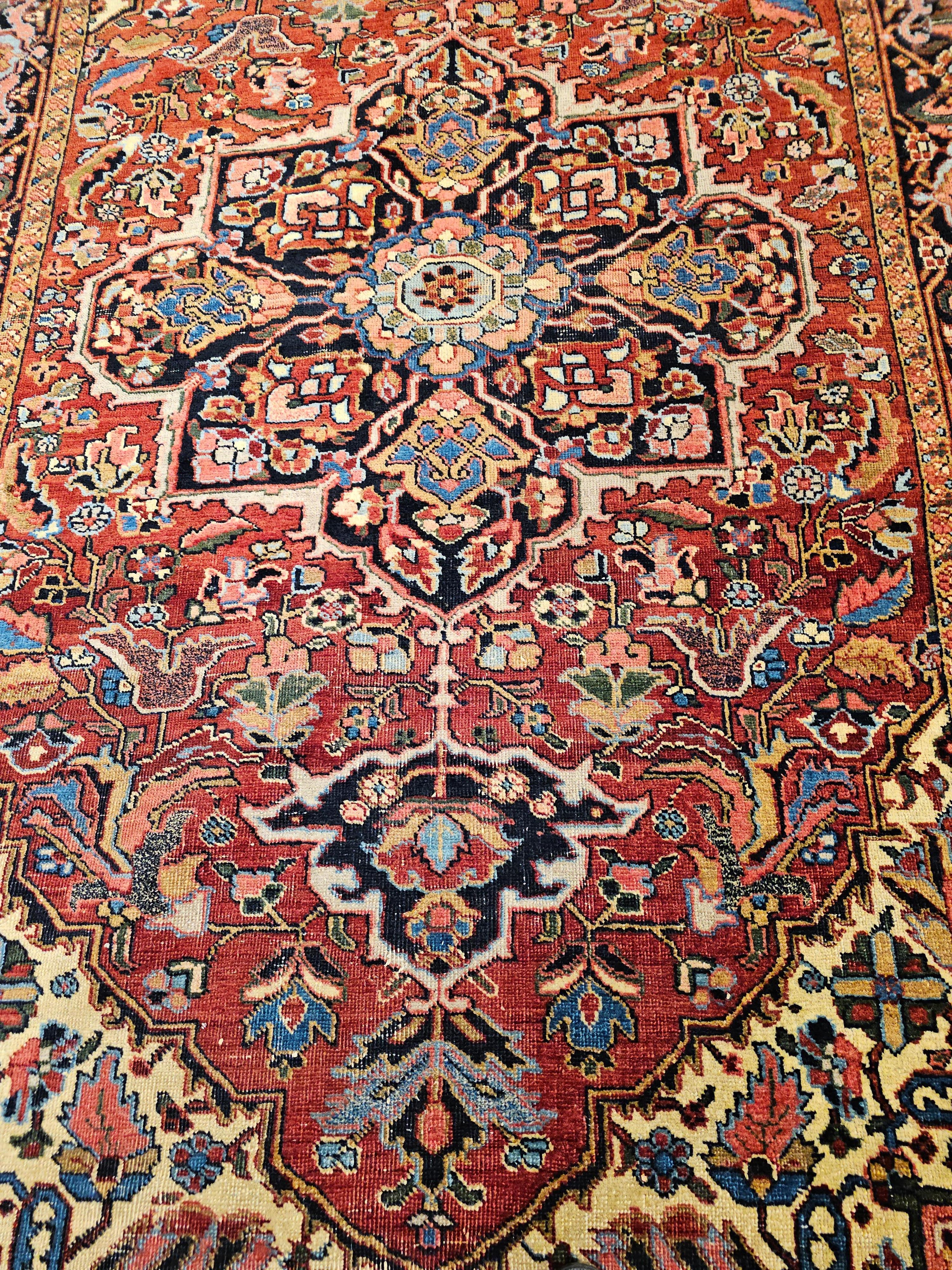 Early 1900s Room Size Persian Heriz in Yellow, Pink, Baby Blue and Green Colors For Sale 6