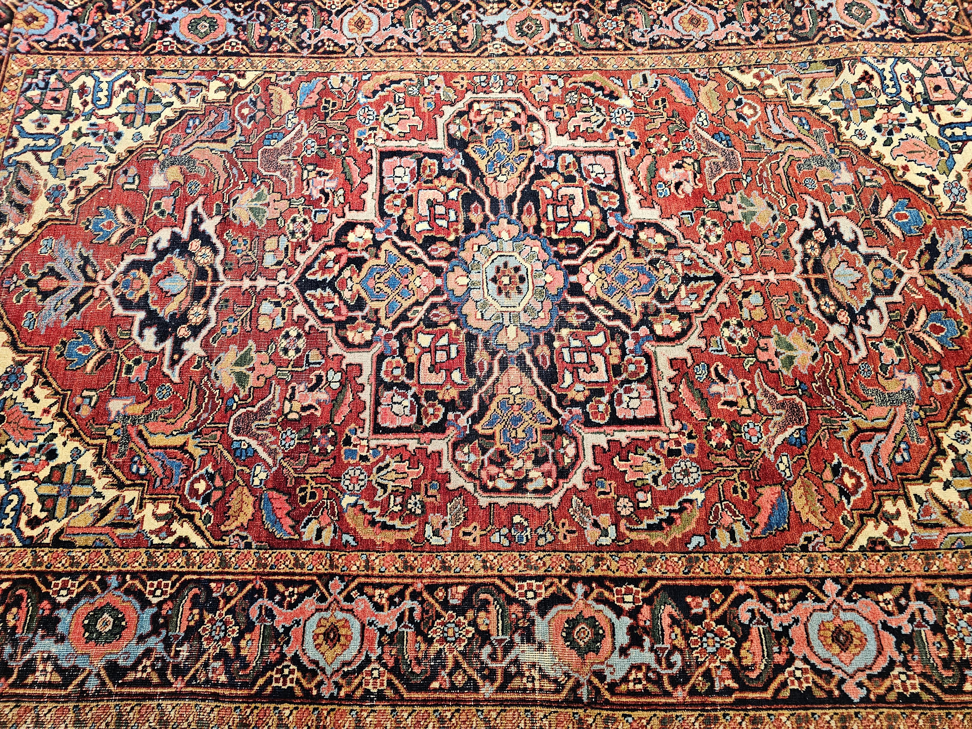 Early 1900s Room Size Persian Heriz in Yellow, Pink, Baby Blue and Green Colors For Sale 7