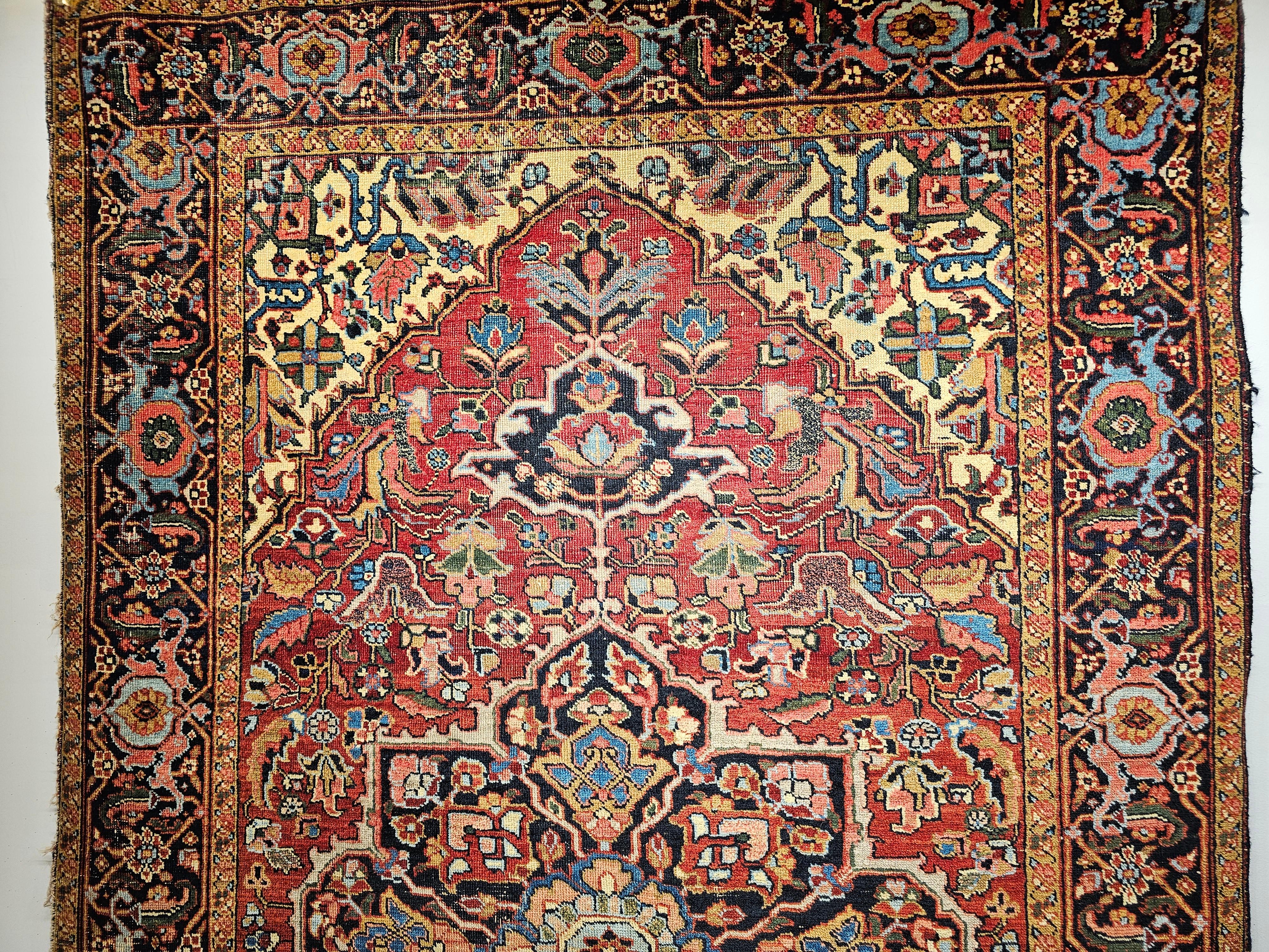 Vegetable Dyed Early 1900s Room Size Persian Heriz in Yellow, Pink, Baby Blue and Green Colors For Sale
