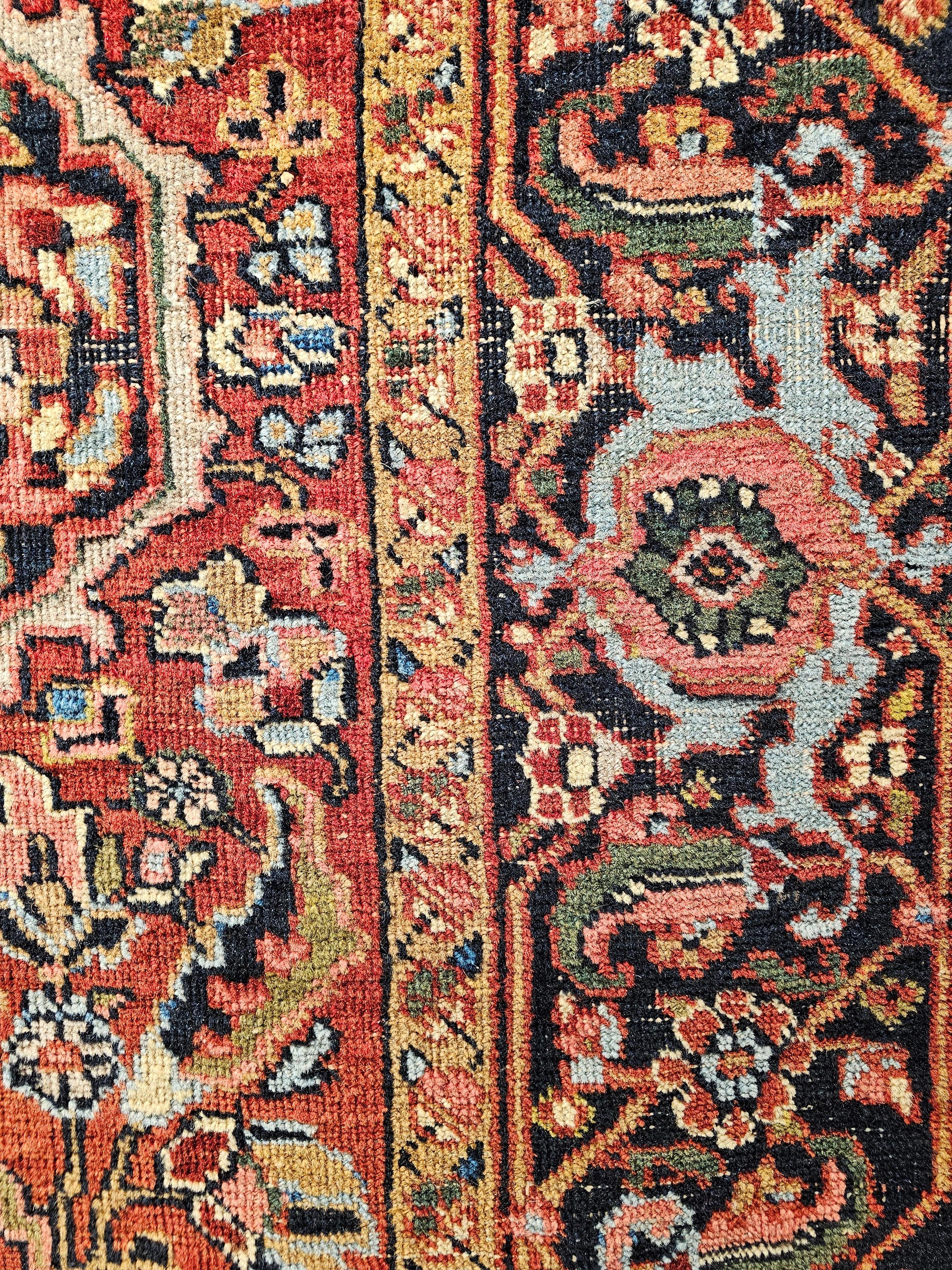 Wool Early 1900s Room Size Persian Heriz in Yellow, Pink, Baby Blue and Green Colors For Sale