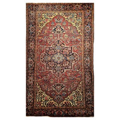 Antique Early 1900s Room Size Persian Heriz in Yellow, Pink, Baby Blue and Green, Red