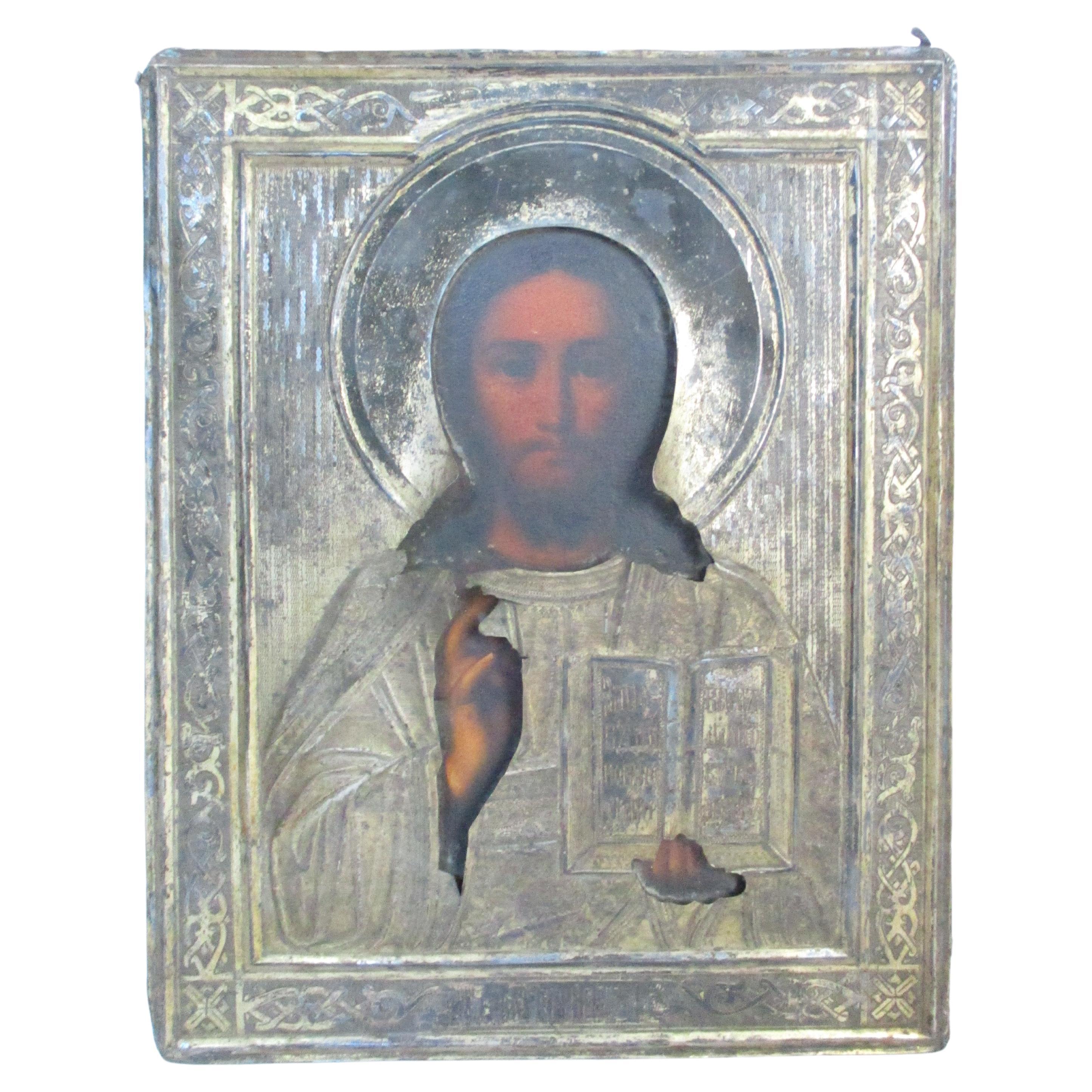 frühe 1900er Russische Jesus-Ikone mit Silber-Rizza im Angebot