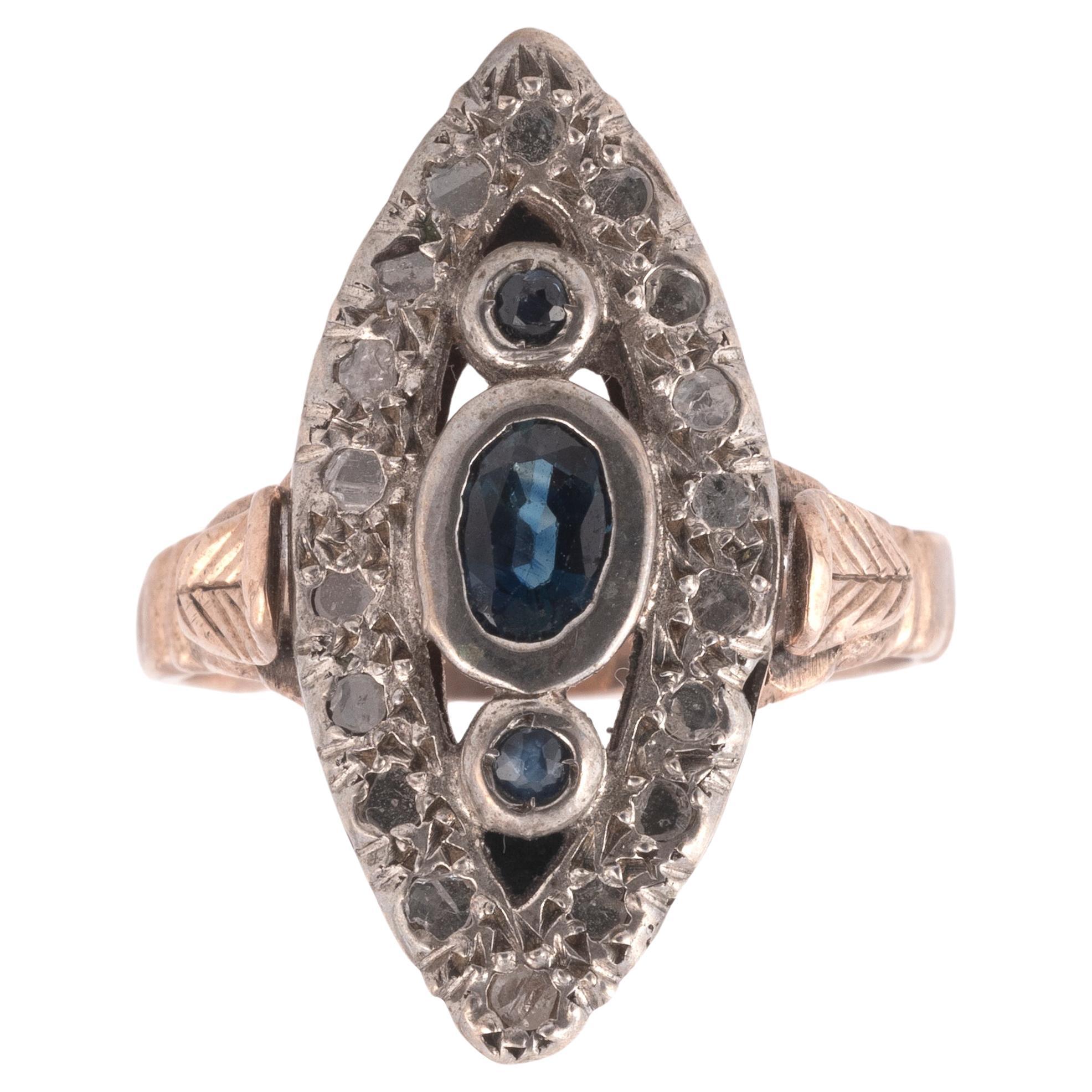 Rose Cut Early 1900's Sapphire and Rose Diamond Cluster Ring For Sale