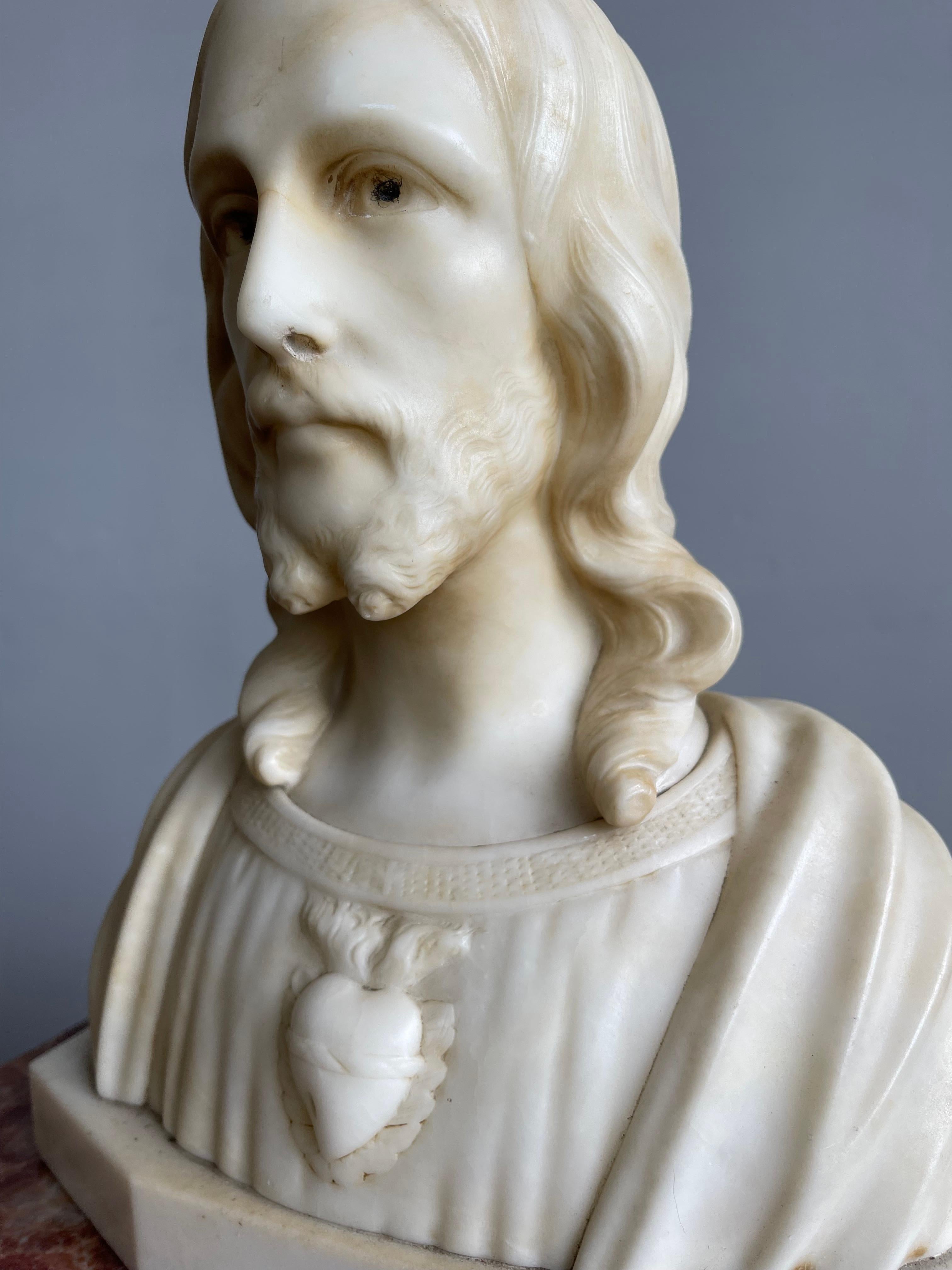 Early 1900s Signed Alabaster Sculpture / Bust of Jesus Christ on a Marble Base 3