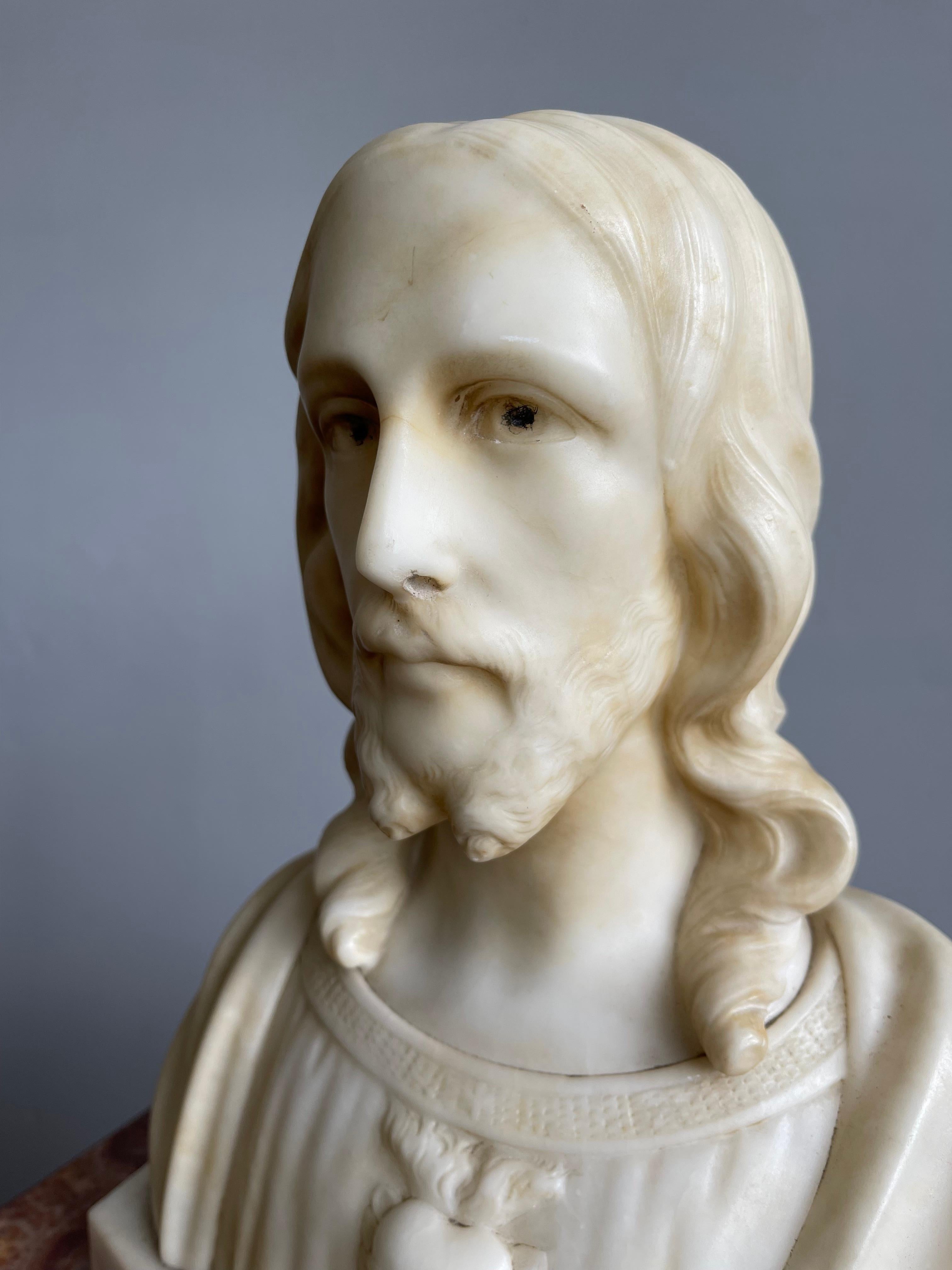 Early 1900s Signed Alabaster Sculpture / Bust of Jesus Christ on a Marble Base 4