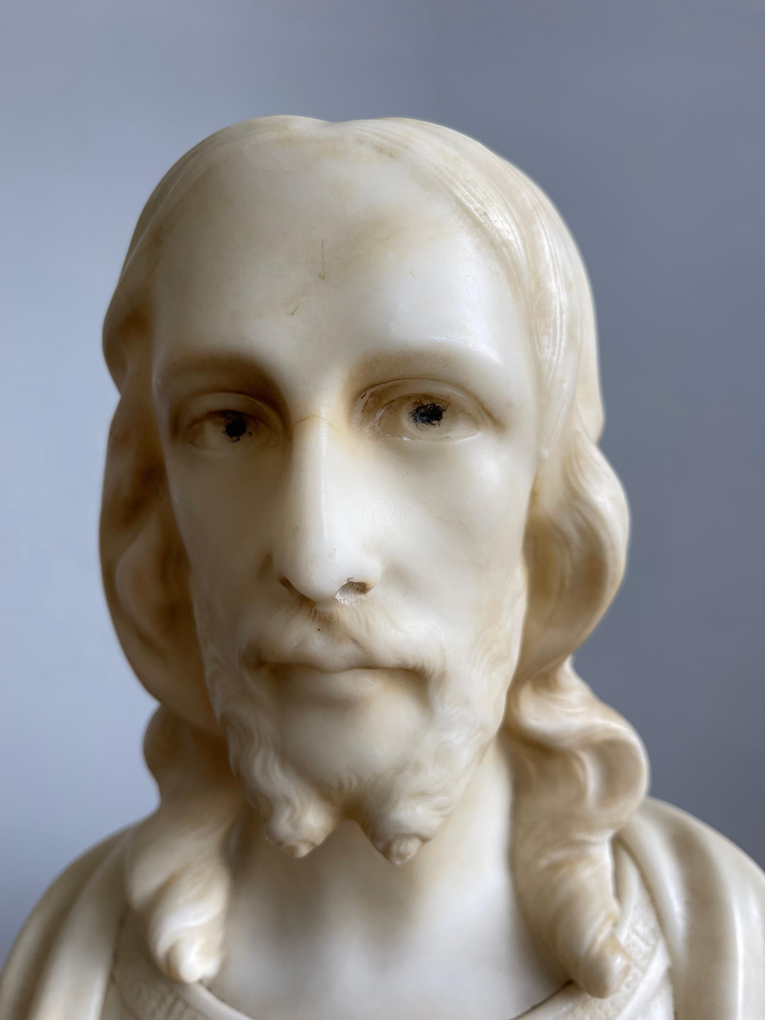 Early 1900s Signed Alabaster Sculpture / Bust of Jesus Christ on a Marble Base 5