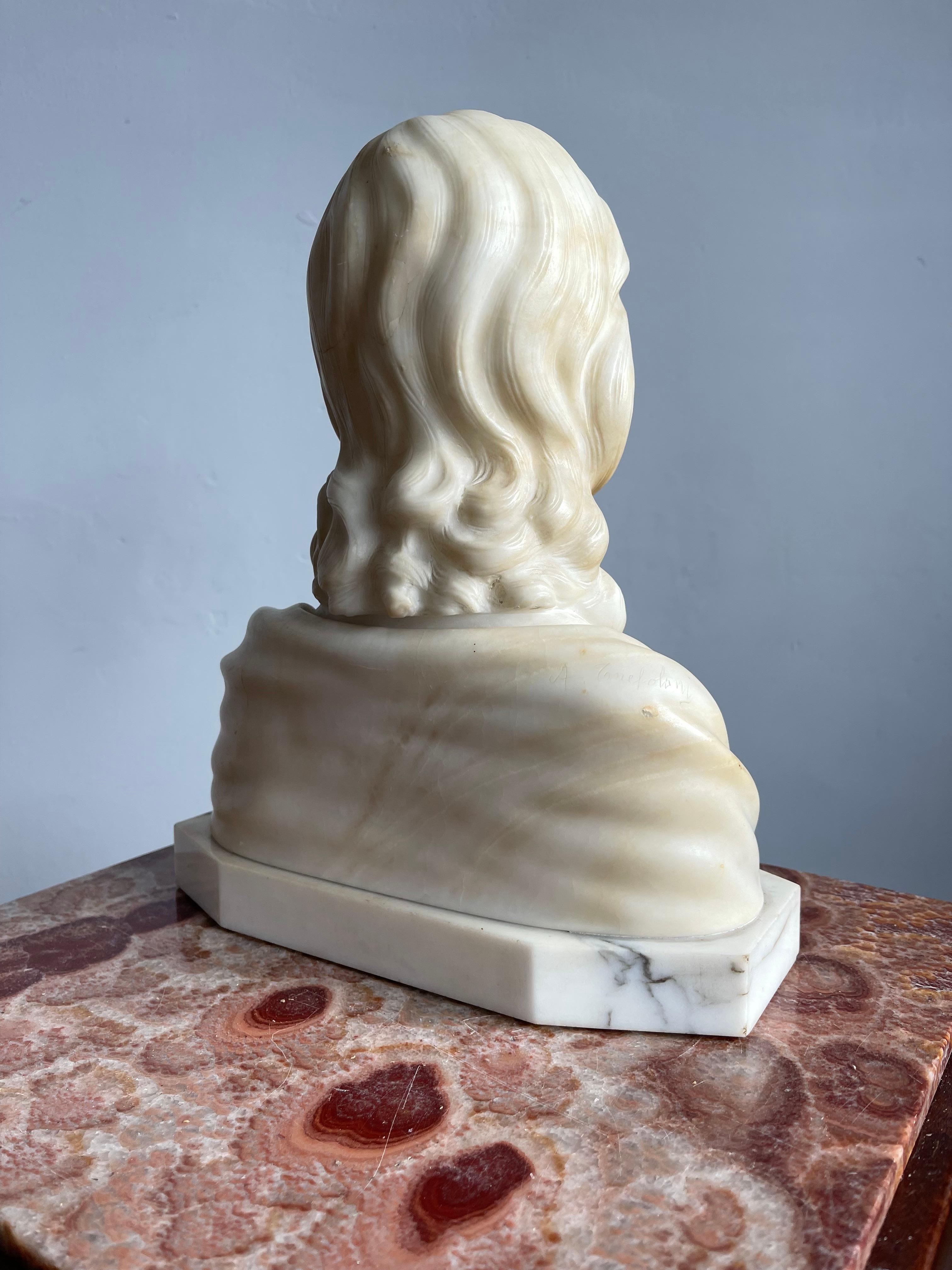 Early 1900s Signed Alabaster Sculpture / Bust of Jesus Christ on a Marble Base 6