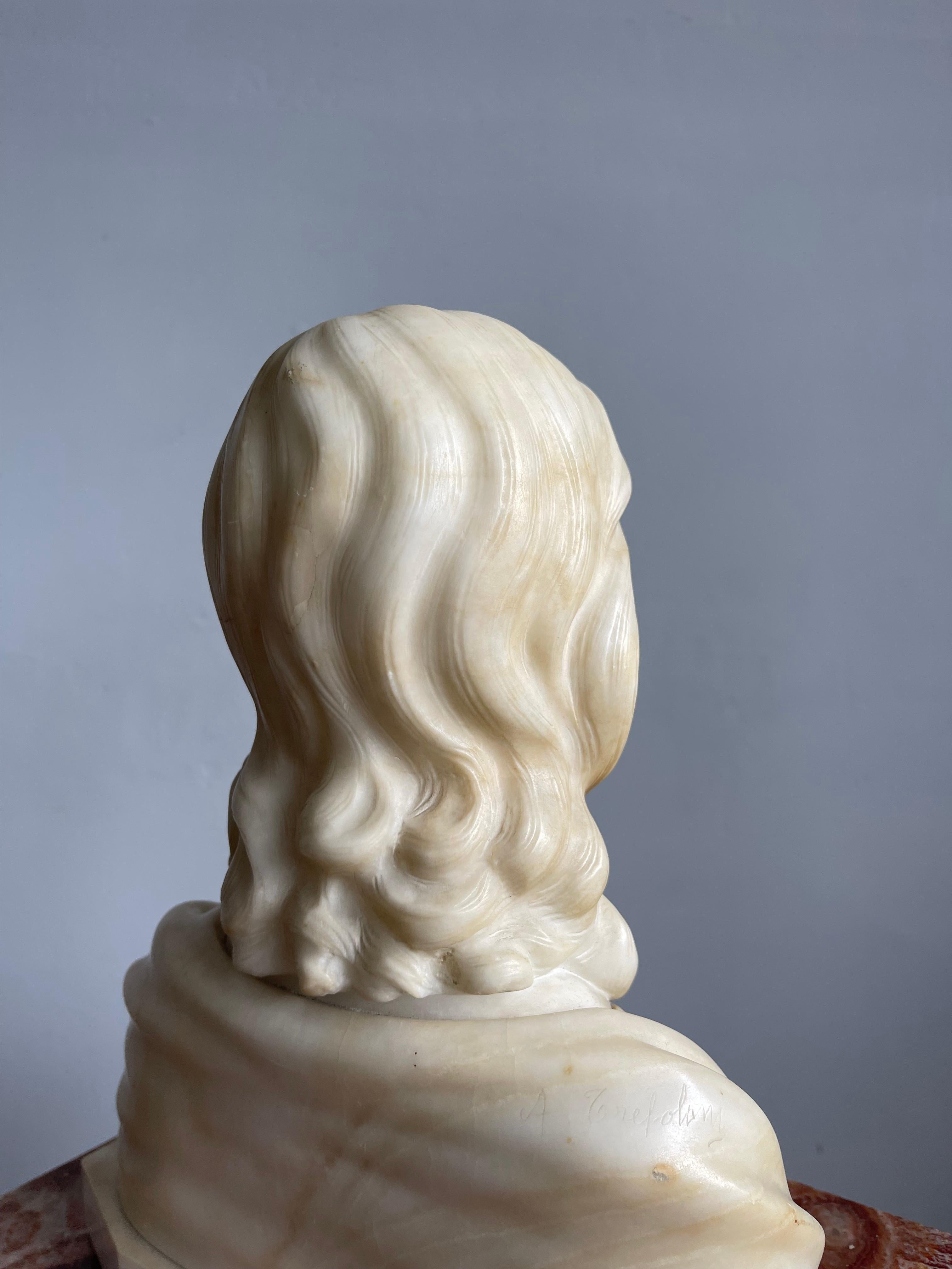Early 1900s Signed Alabaster Sculpture / Bust of Jesus Christ on a Marble Base 7