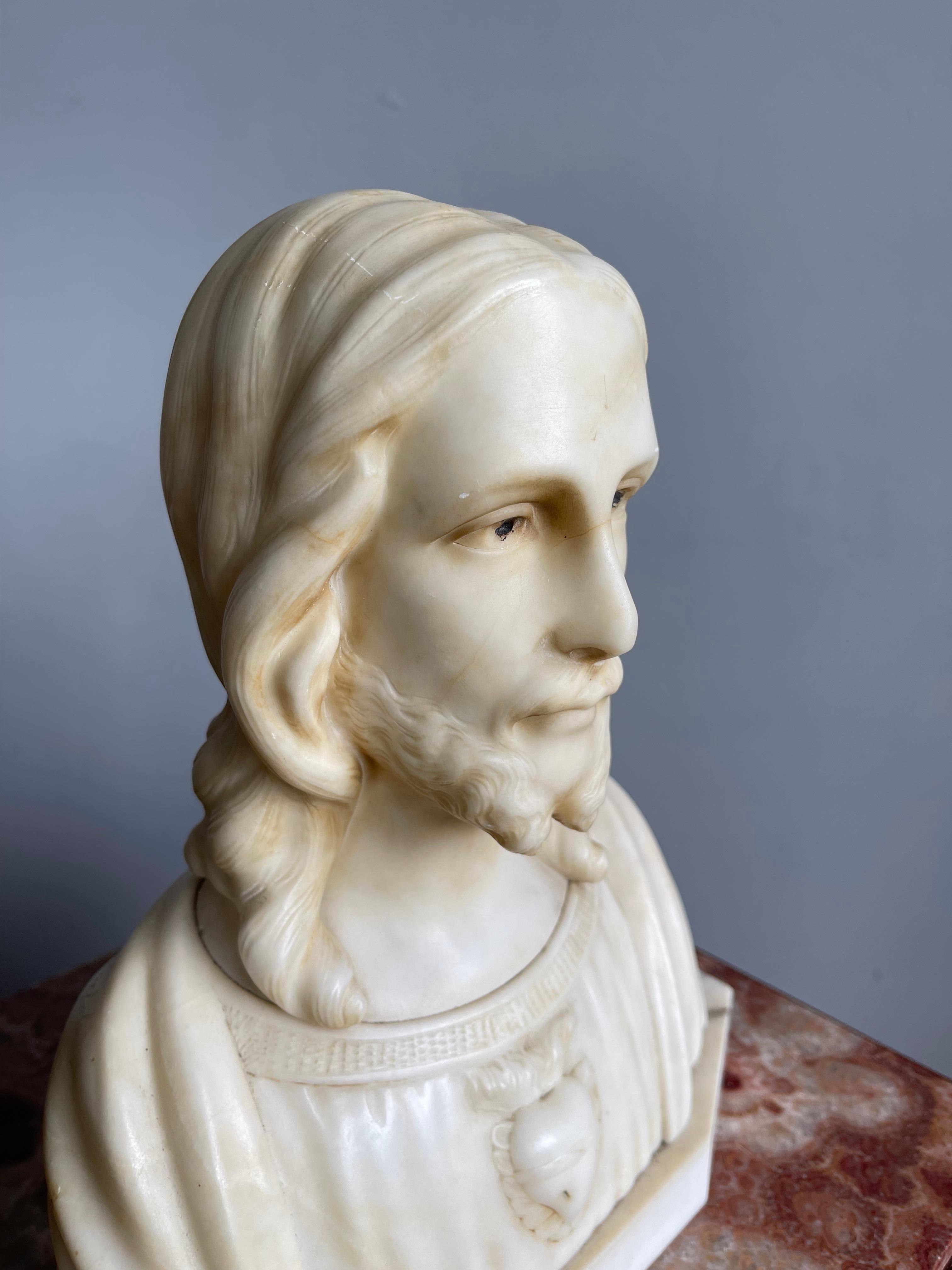 Early 1900s Signed Alabaster Sculpture / Bust of Jesus Christ on a Marble Base 9