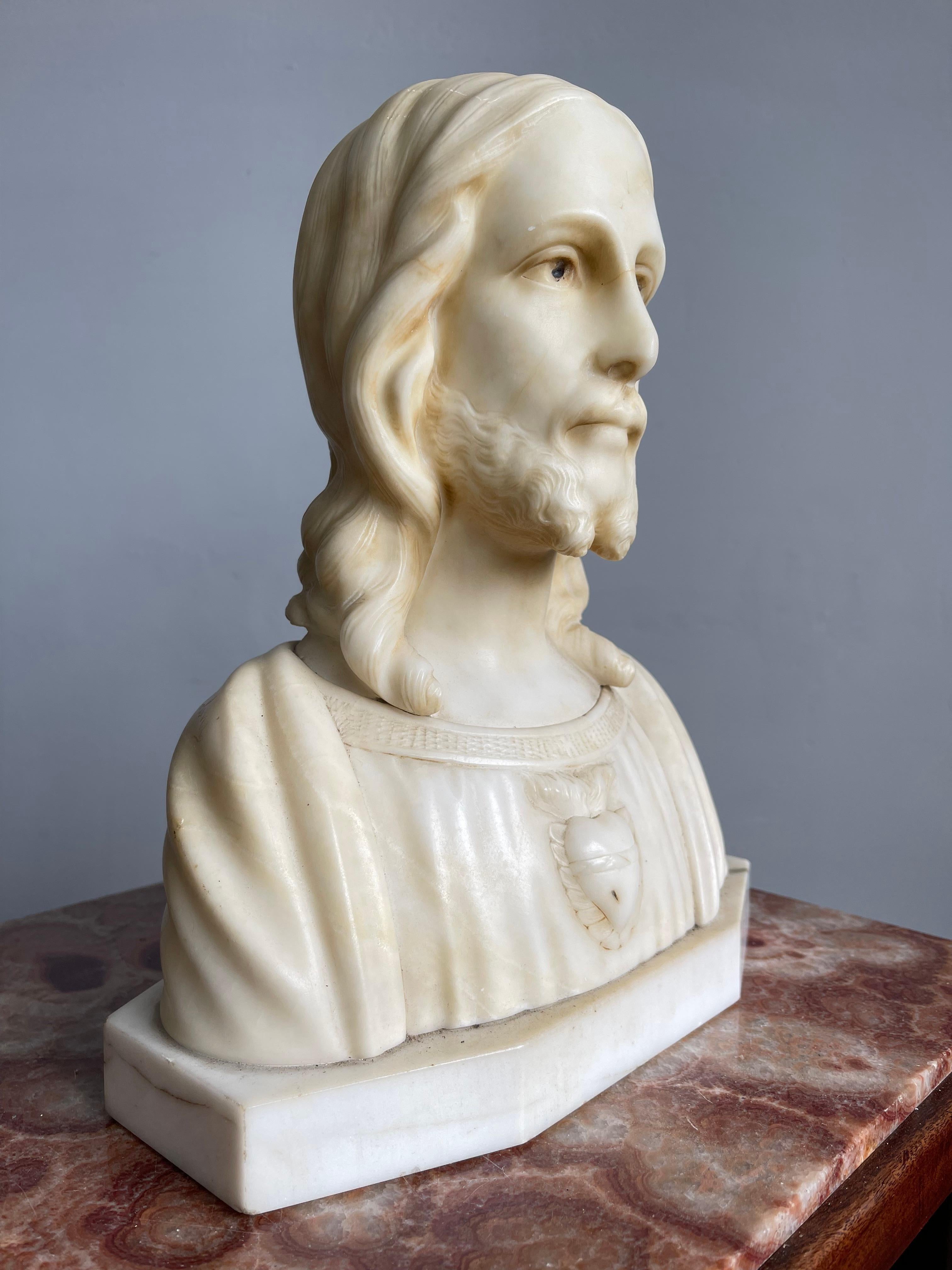 Early 1900s Signed Alabaster Sculpture / Bust of Jesus Christ on a Marble Base 11