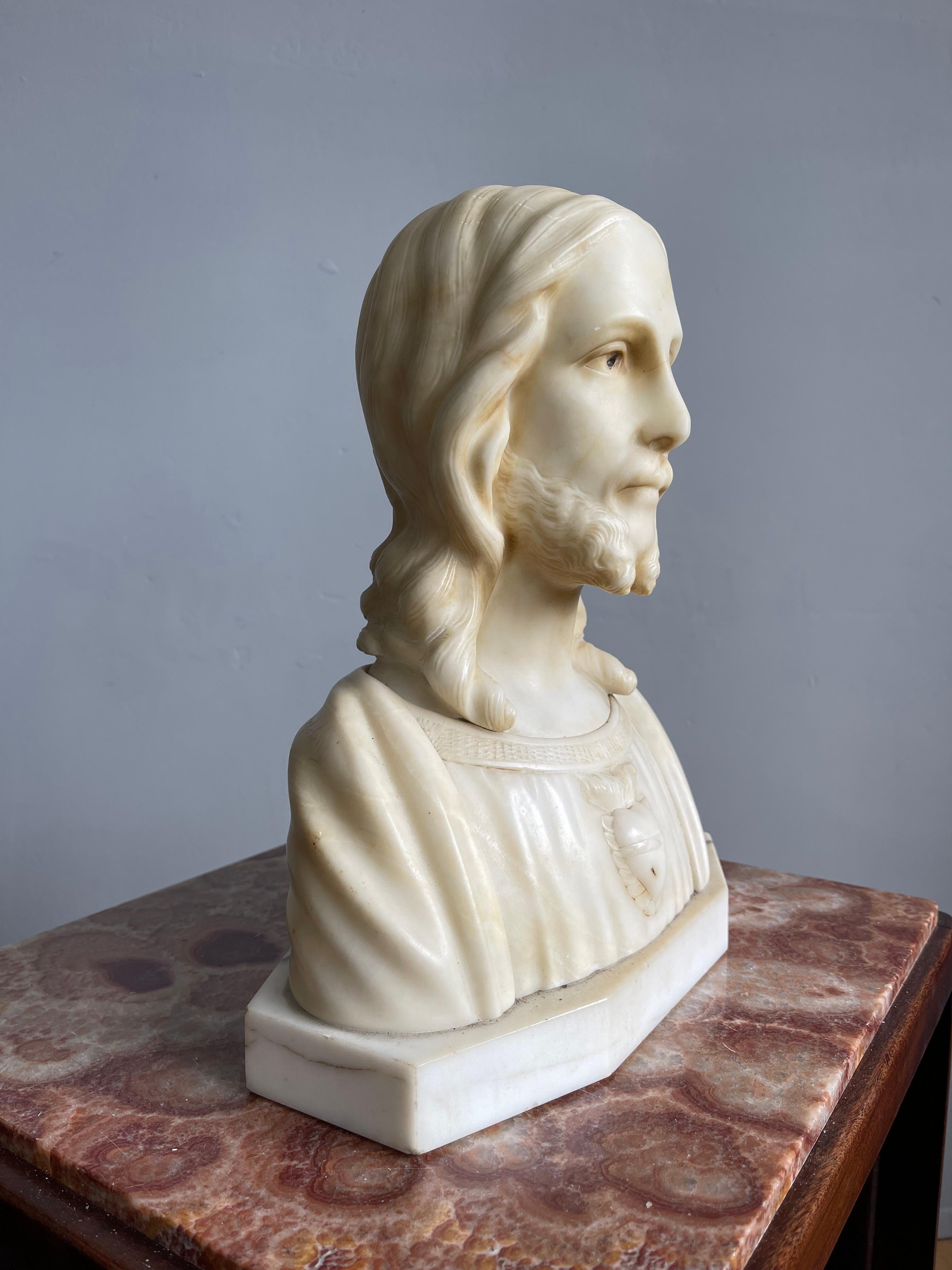 Early 1900s Signed Alabaster Sculpture / Bust of Jesus Christ on a Marble Base 12