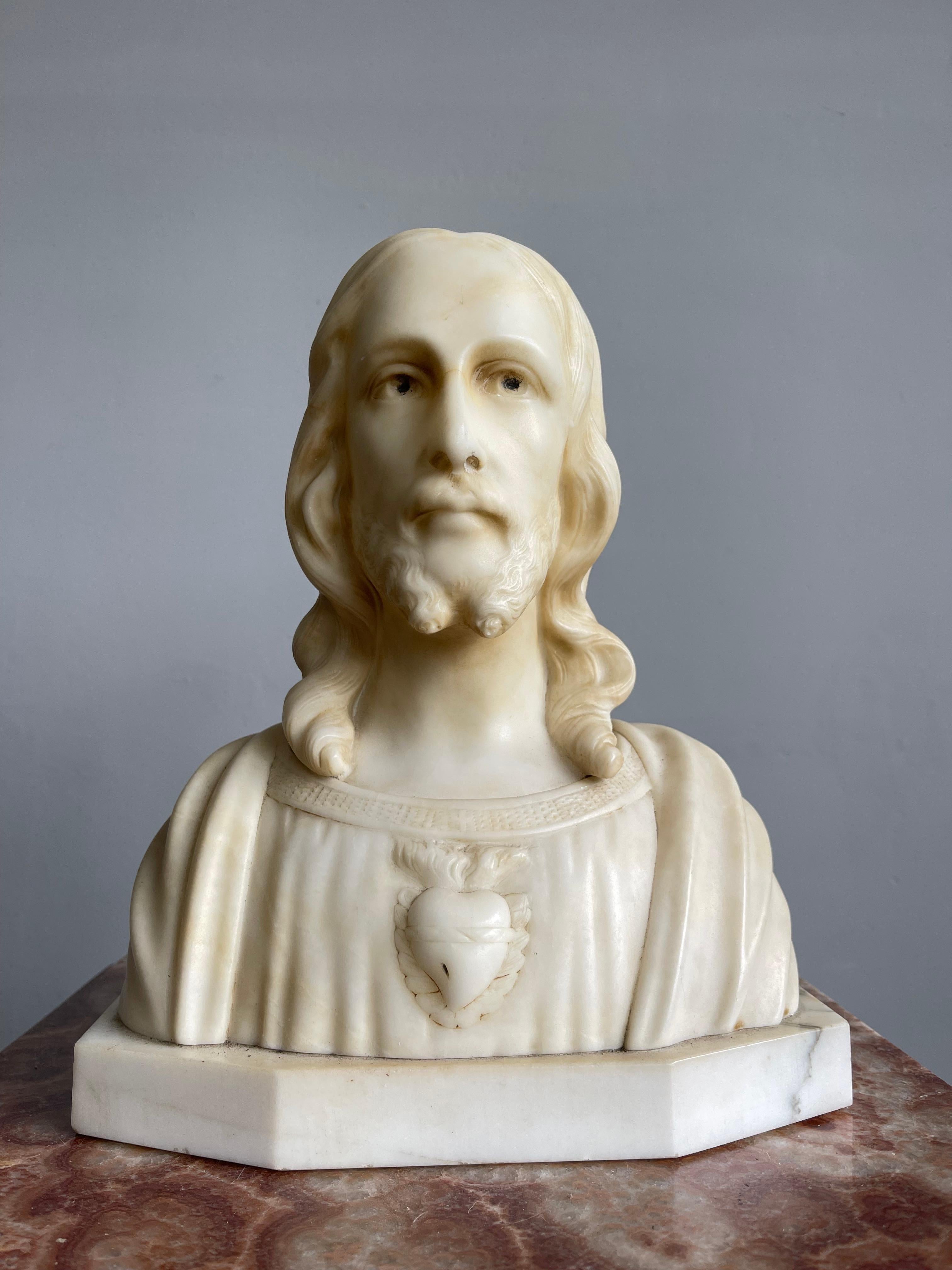 Unique and antique sculpture of our Lord Jesus.

This gorgeous and practical size sculpture is signed on the back by the artist, but unfortunately we cannot 'decipher' his/her name. Thanks to its practical size this work of religious art is ideal