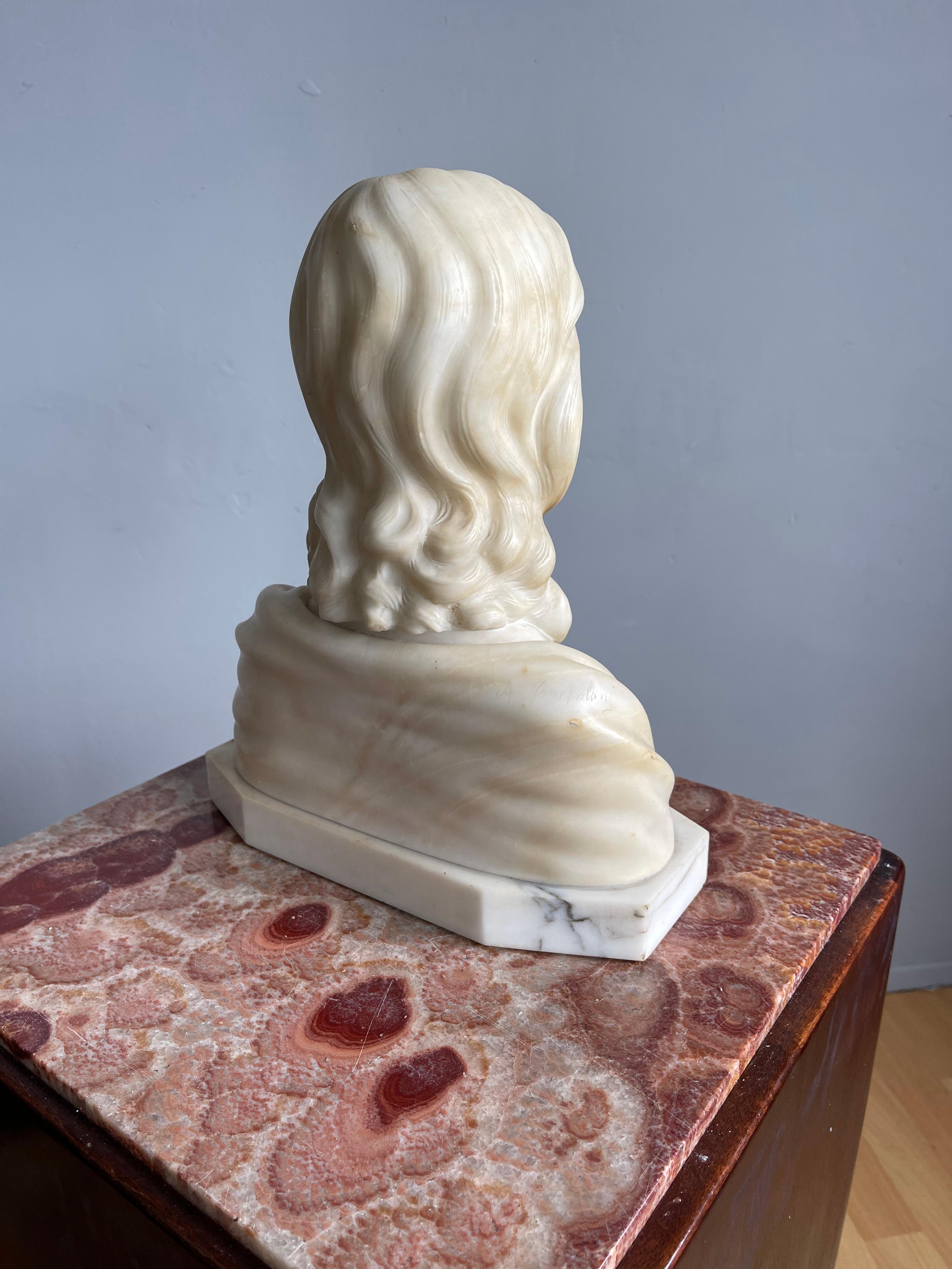 Early 1900s Signed Alabaster Sculpture / Bust of Jesus Christ on a Marble Base 13