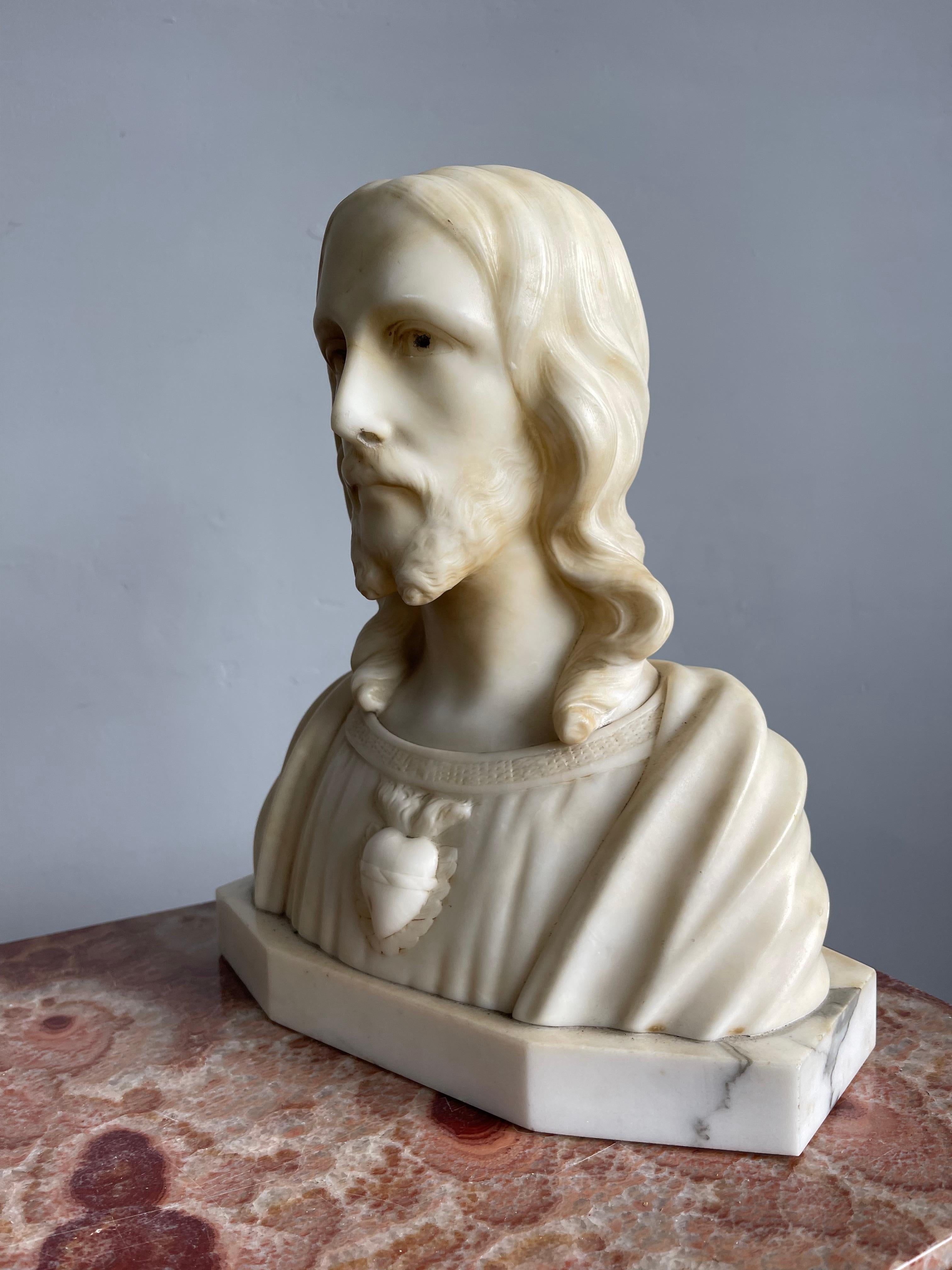 Art Deco Early 1900s Signed Alabaster Sculpture / Bust of Jesus Christ on a Marble Base