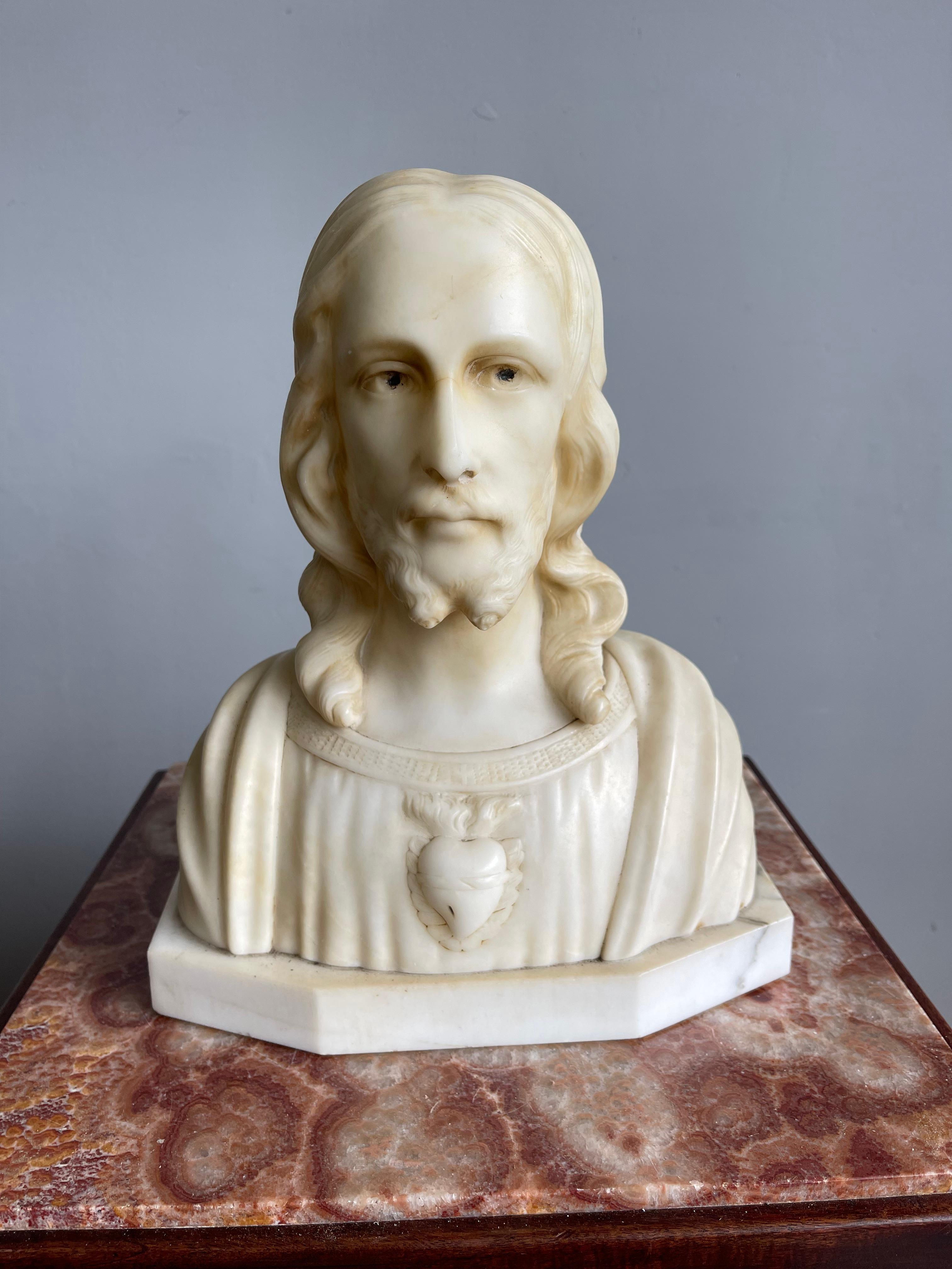 Italian Early 1900s Signed Alabaster Sculpture / Bust of Jesus Christ on a Marble Base