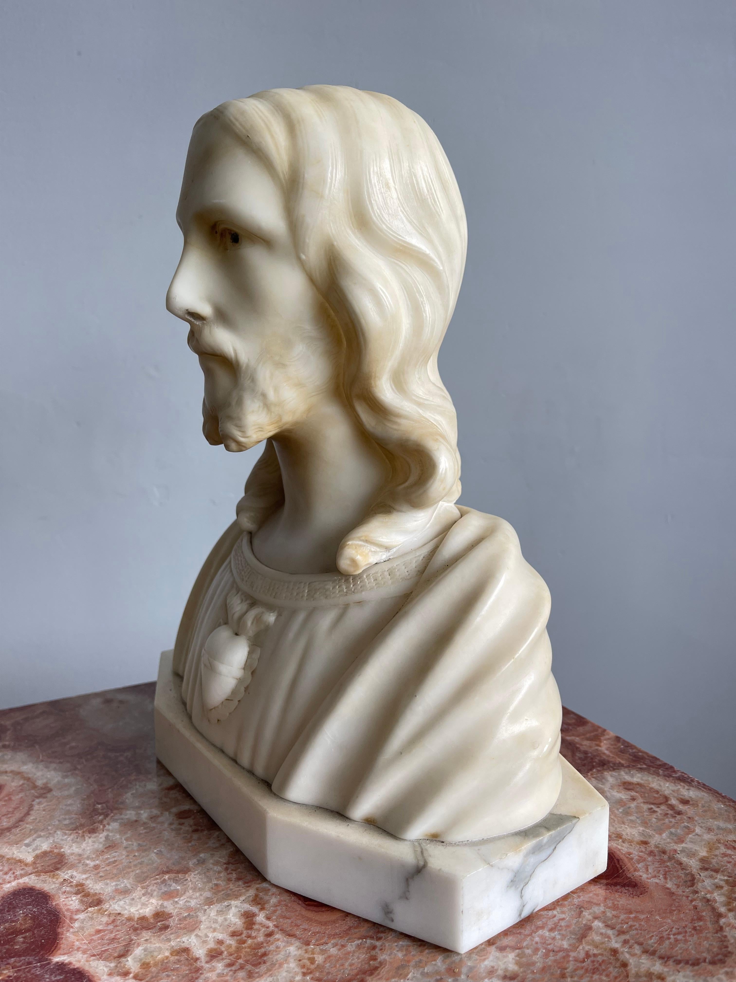 Hand-Crafted Early 1900s Signed Alabaster Sculpture / Bust of Jesus Christ on a Marble Base